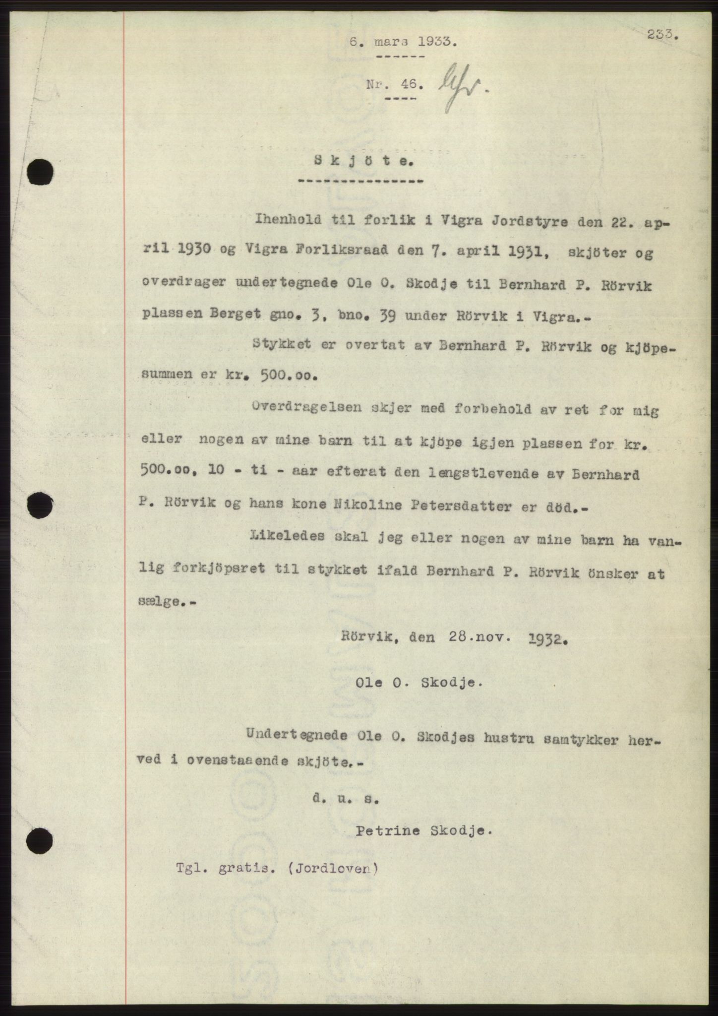 Nordre Sunnmøre sorenskriveri, AV/SAT-A-0006/1/2/2C/2Ca/L0052: Pantebok nr. 52, 1933-1933, Tingl.dato: 06.03.1933