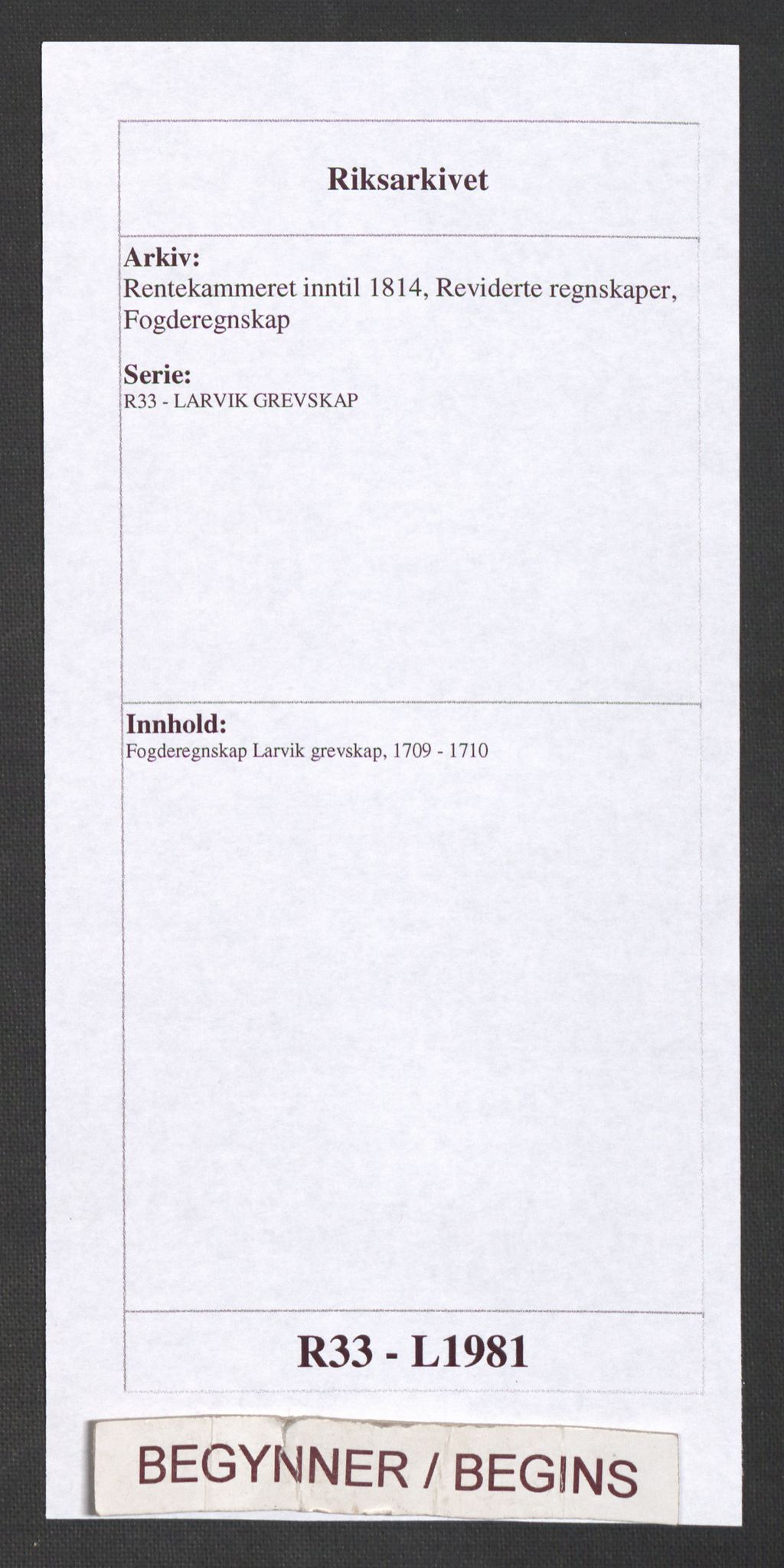 Rentekammeret inntil 1814, Reviderte regnskaper, Fogderegnskap, RA/EA-4092/R33/L1981: Fogderegnskap Larvik grevskap, 1709-1710, s. 1
