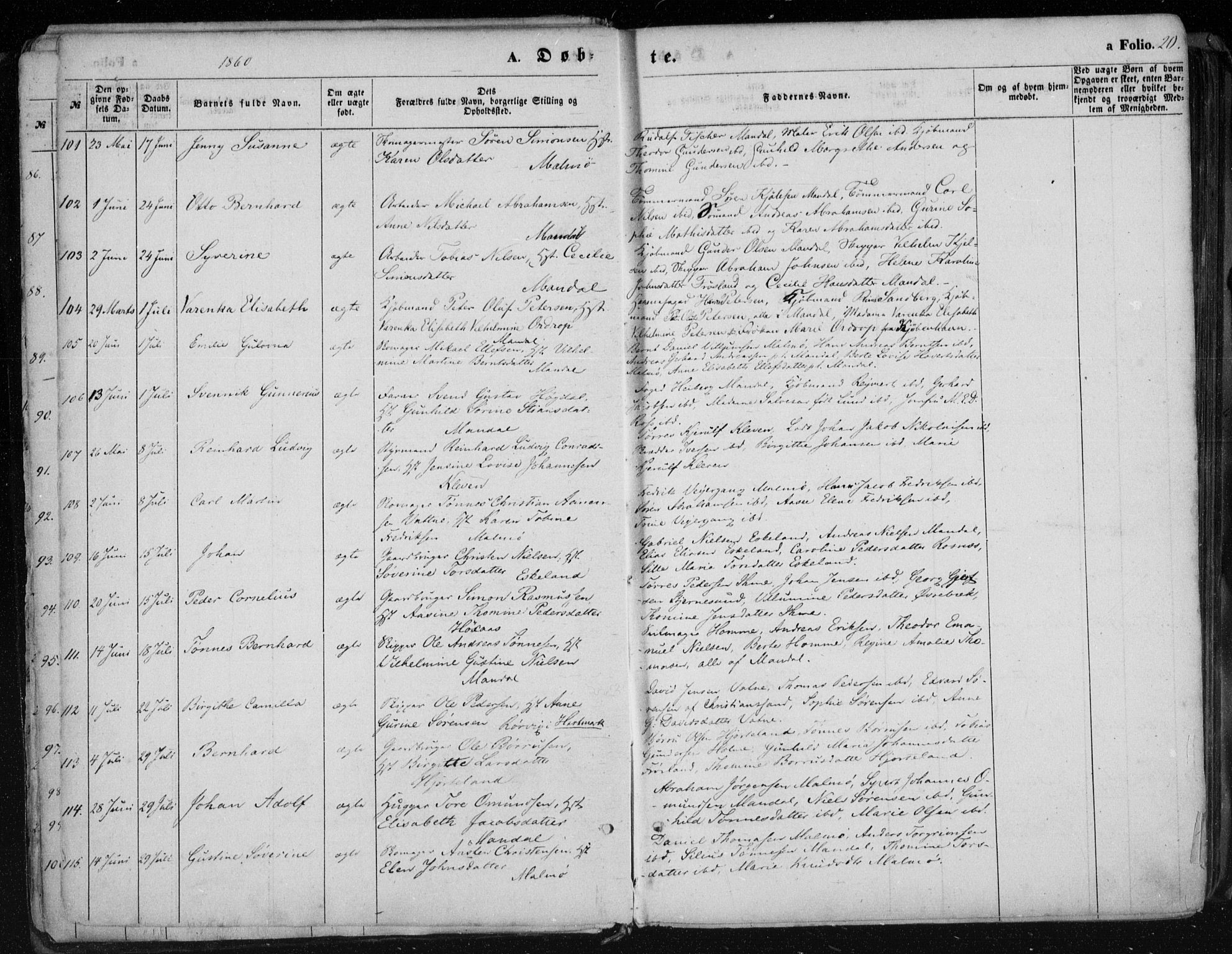 Mandal sokneprestkontor, AV/SAK-1111-0030/F/Fa/Faa/L0014: Ministerialbok nr. A 14, 1859-1872, s. 20
