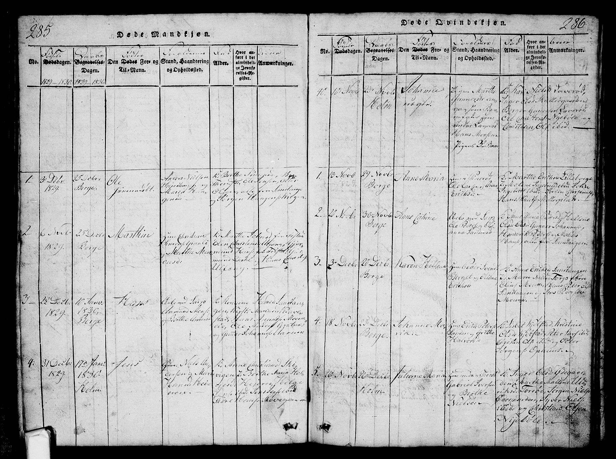 Borge prestekontor Kirkebøker, AV/SAO-A-10903/G/Ga/L0001: Klokkerbok nr.  I 1, 1815-1835, s. 285-286