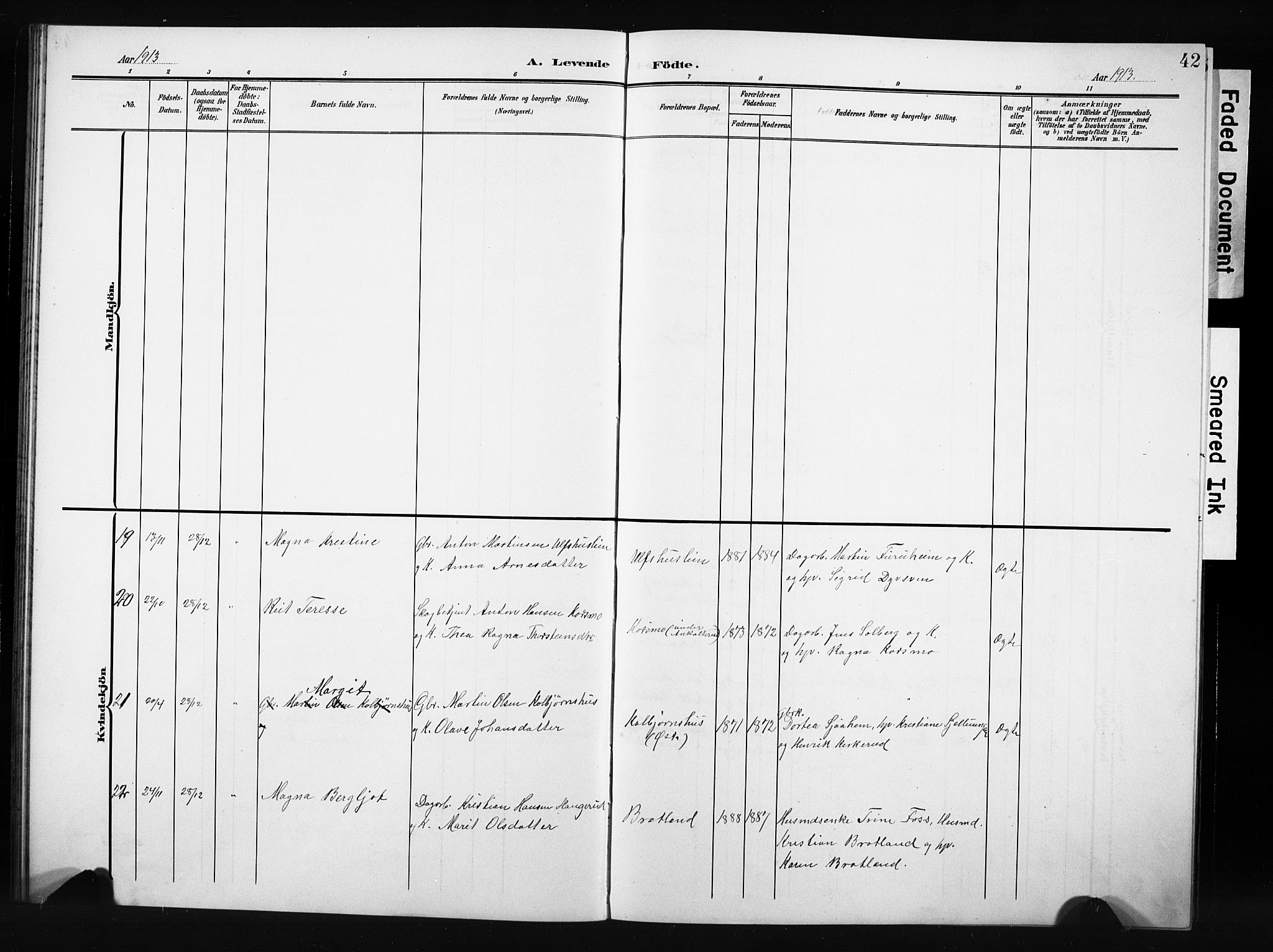 Nordre Land prestekontor, SAH/PREST-124/H/Ha/Hab/L0006: Klokkerbok nr. 6, 1905-1929, s. 42