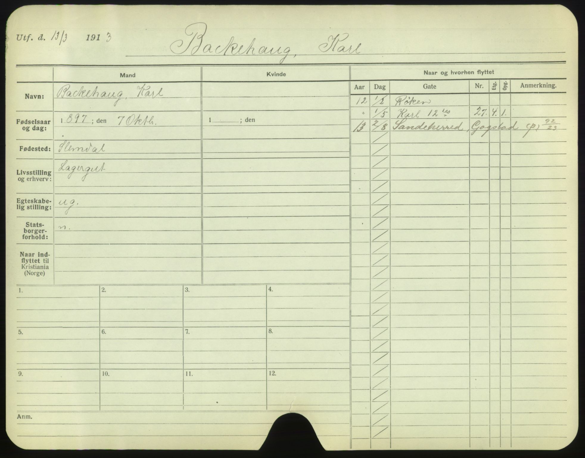 Oslo folkeregister, Registerkort, SAO/A-11715/F/Fa/Fac/L0001: Menn, 1906-1914, s. 851a