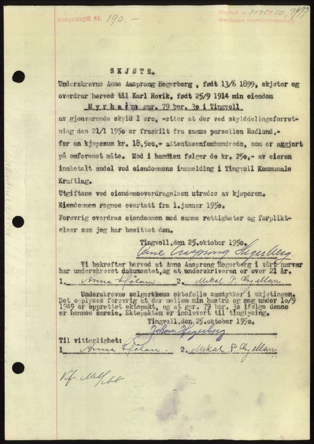 Nordmøre sorenskriveri, AV/SAT-A-4132/1/2/2Ca: Pantebok nr. A116, 1950-1950, Dagboknr: 3425/1950