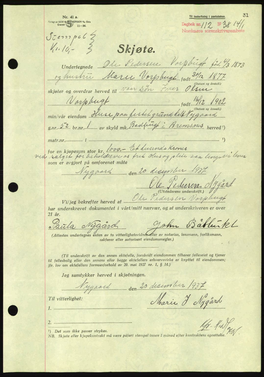 Nordmøre sorenskriveri, AV/SAT-A-4132/1/2/2Ca: Pantebok nr. A83, 1938-1938, Dagboknr: 112/1938