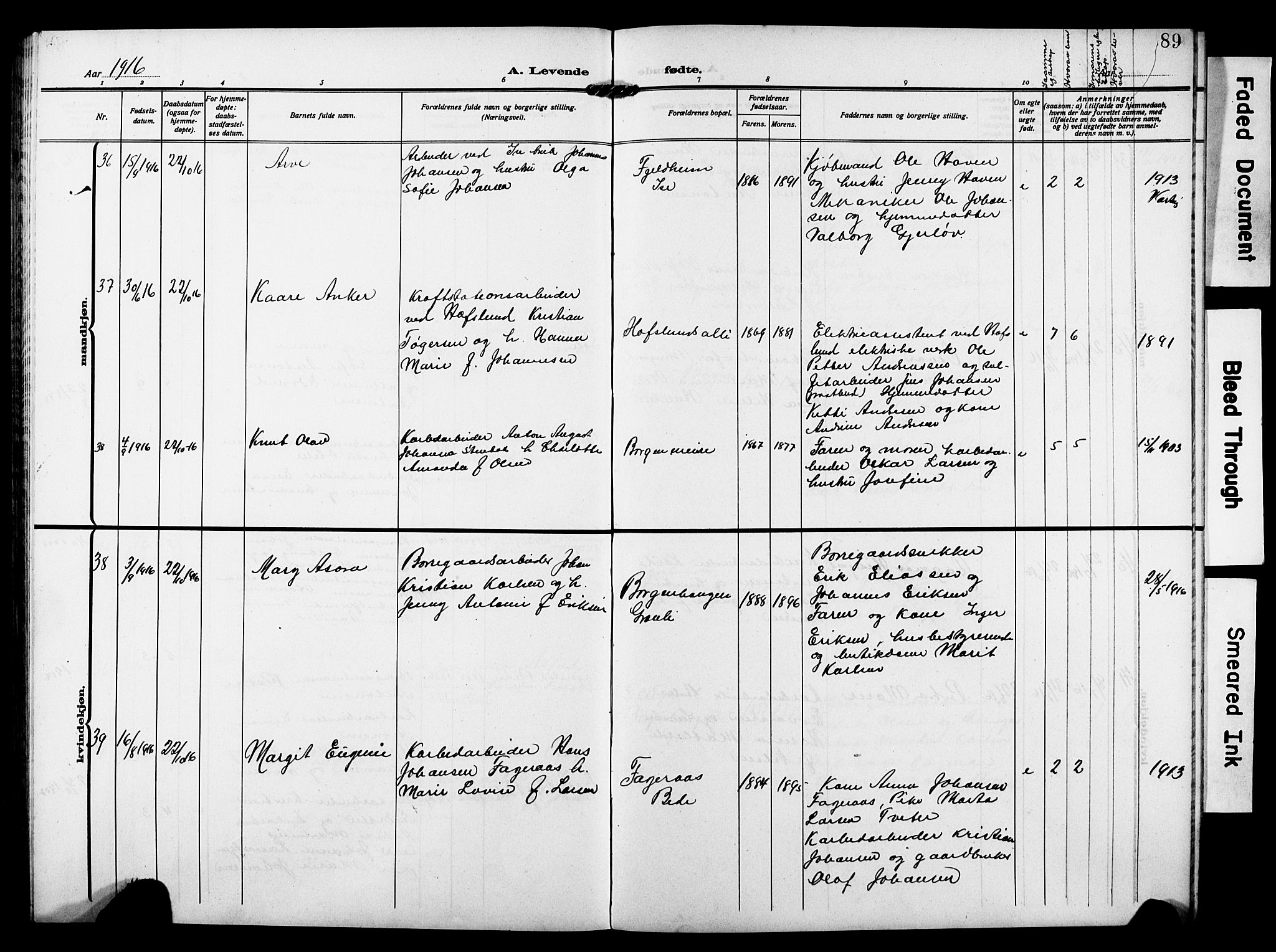 Skjeberg prestekontor Kirkebøker, AV/SAO-A-10923/G/Gd/L0001: Klokkerbok nr. IV 1, 1907-1917, s. 89