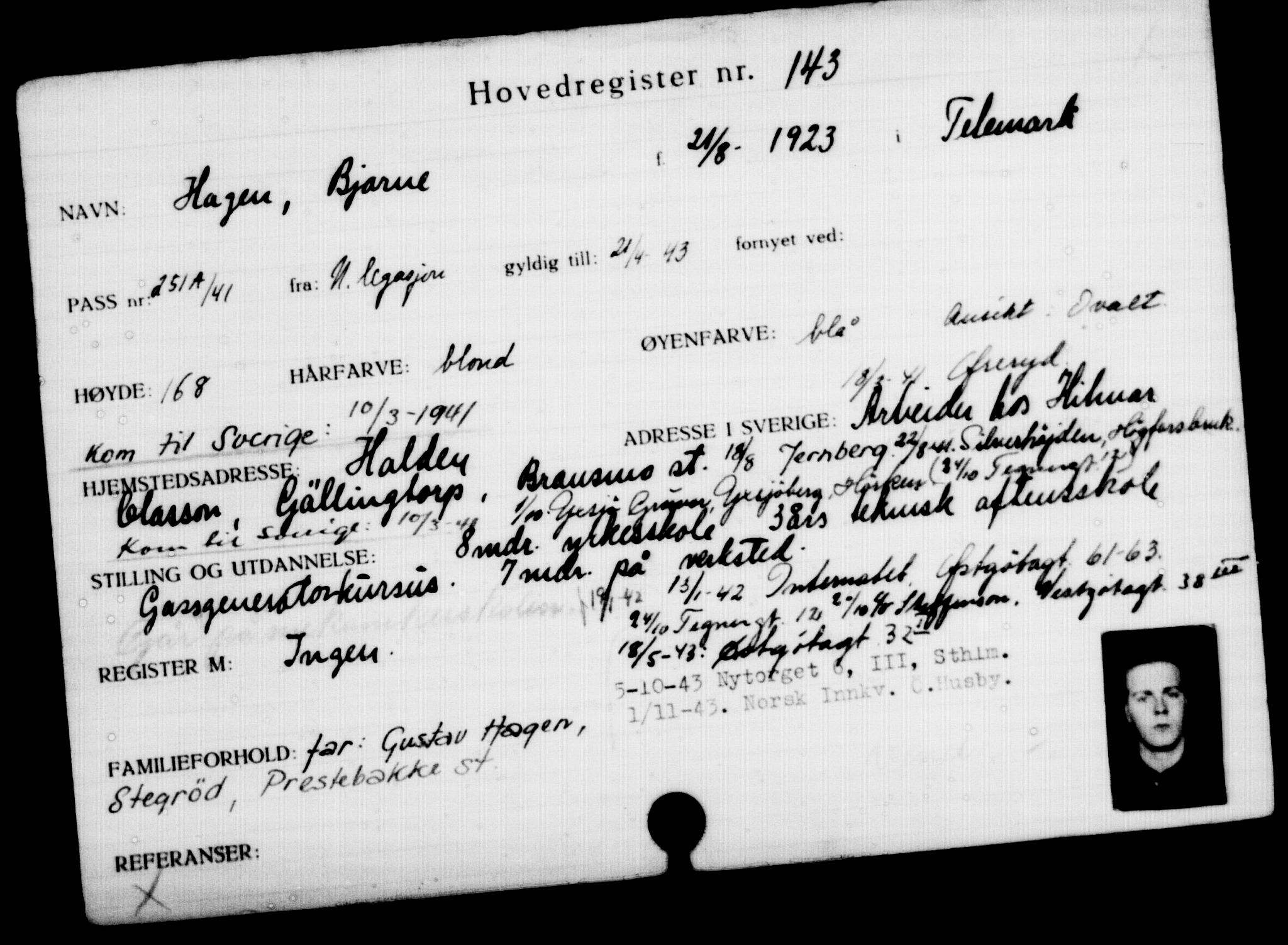 Utenriksstasjonene, Legasjonen i Stockholm, Flyktningkontoret, AV/RA-S-6753/V/Va/L0001: Kjesäterkartoteket, flyktninger med registreringsnr. 1-1000, 1940-1945, s. 233