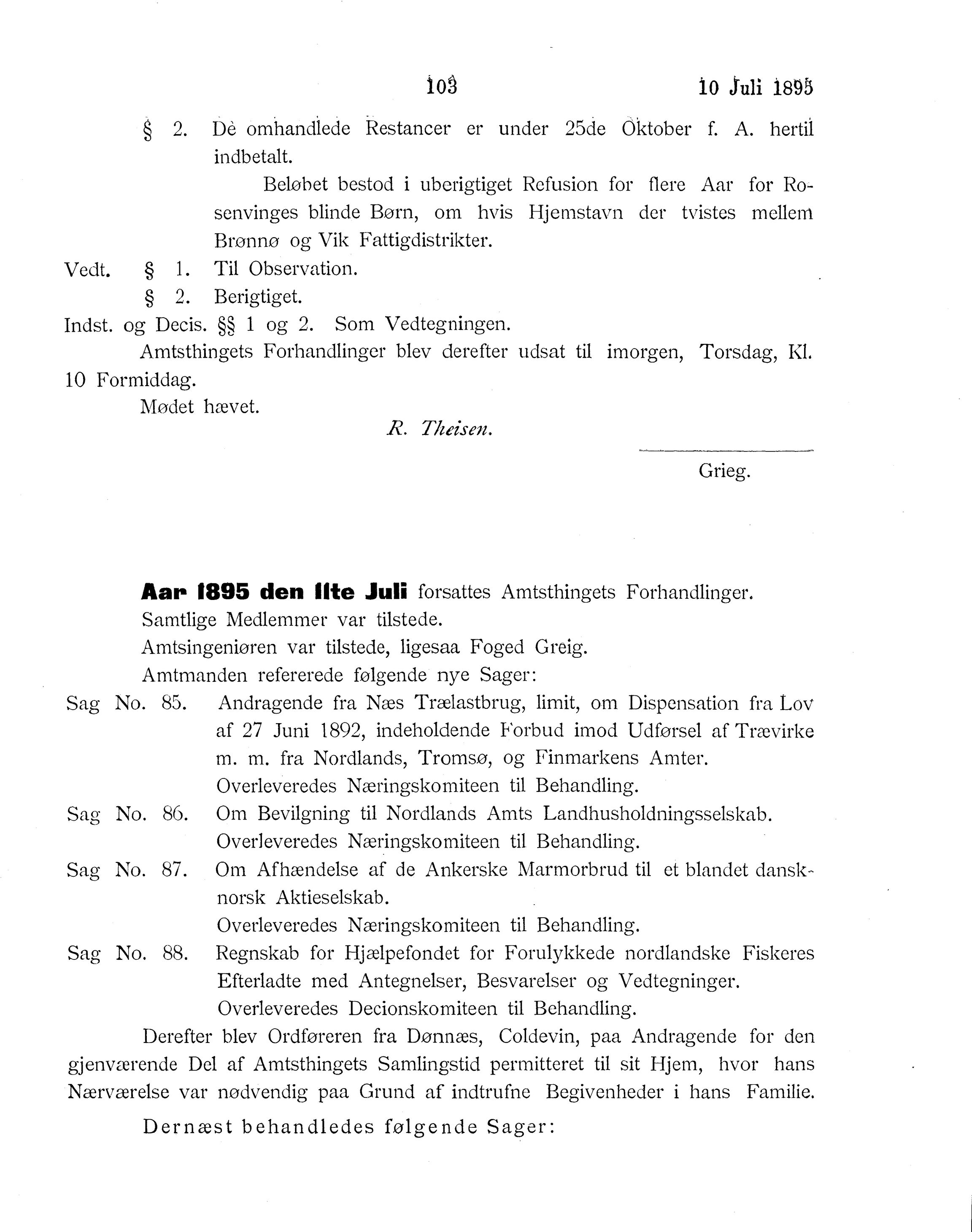 AIN, Nordland Fylkeskommune. Fylkestinget, A/Ac/L0018: Fylkestingsforhandlinger 1895, 1895, s. 103