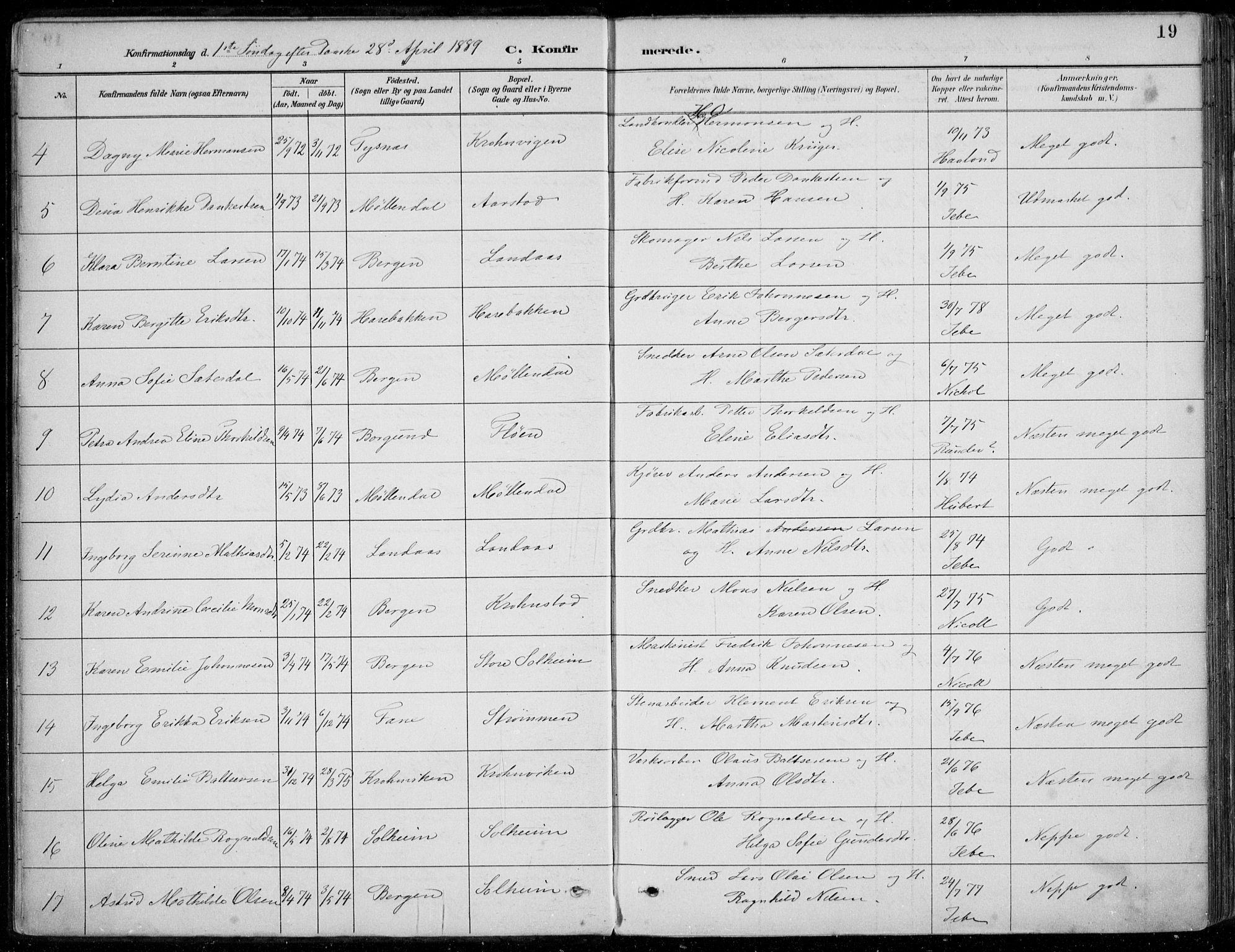Årstad Sokneprestembete, AV/SAB-A-79301/H/Haa/L0006: Ministerialbok nr. B 1, 1886-1901, s. 19