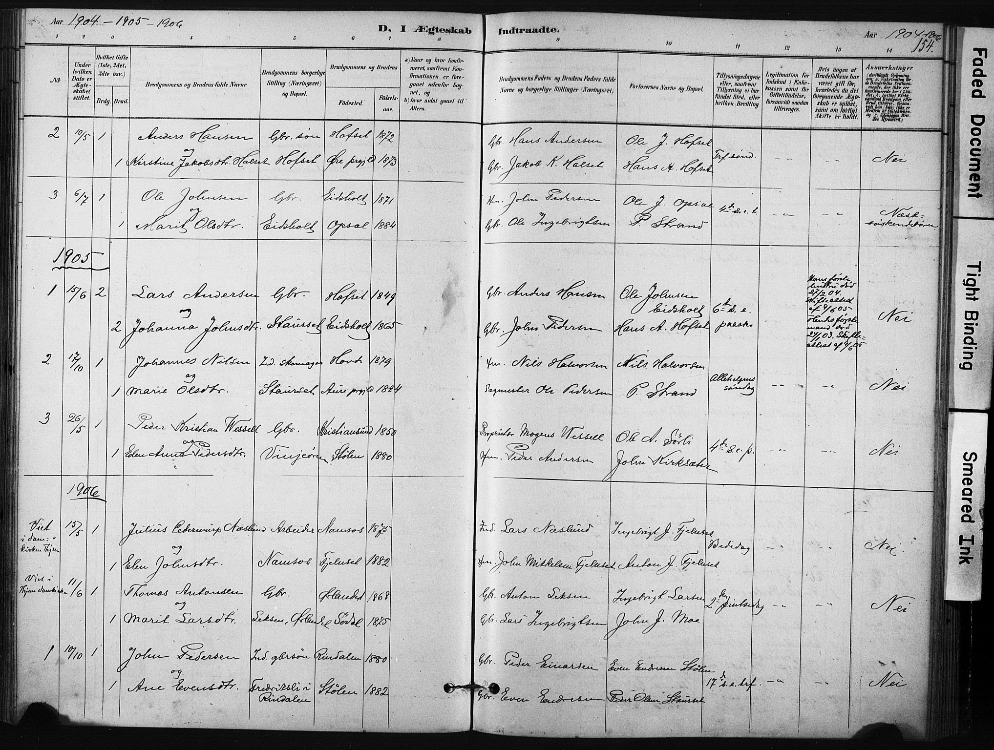 Ministerialprotokoller, klokkerbøker og fødselsregistre - Sør-Trøndelag, AV/SAT-A-1456/631/L0512: Ministerialbok nr. 631A01, 1879-1912, s. 154