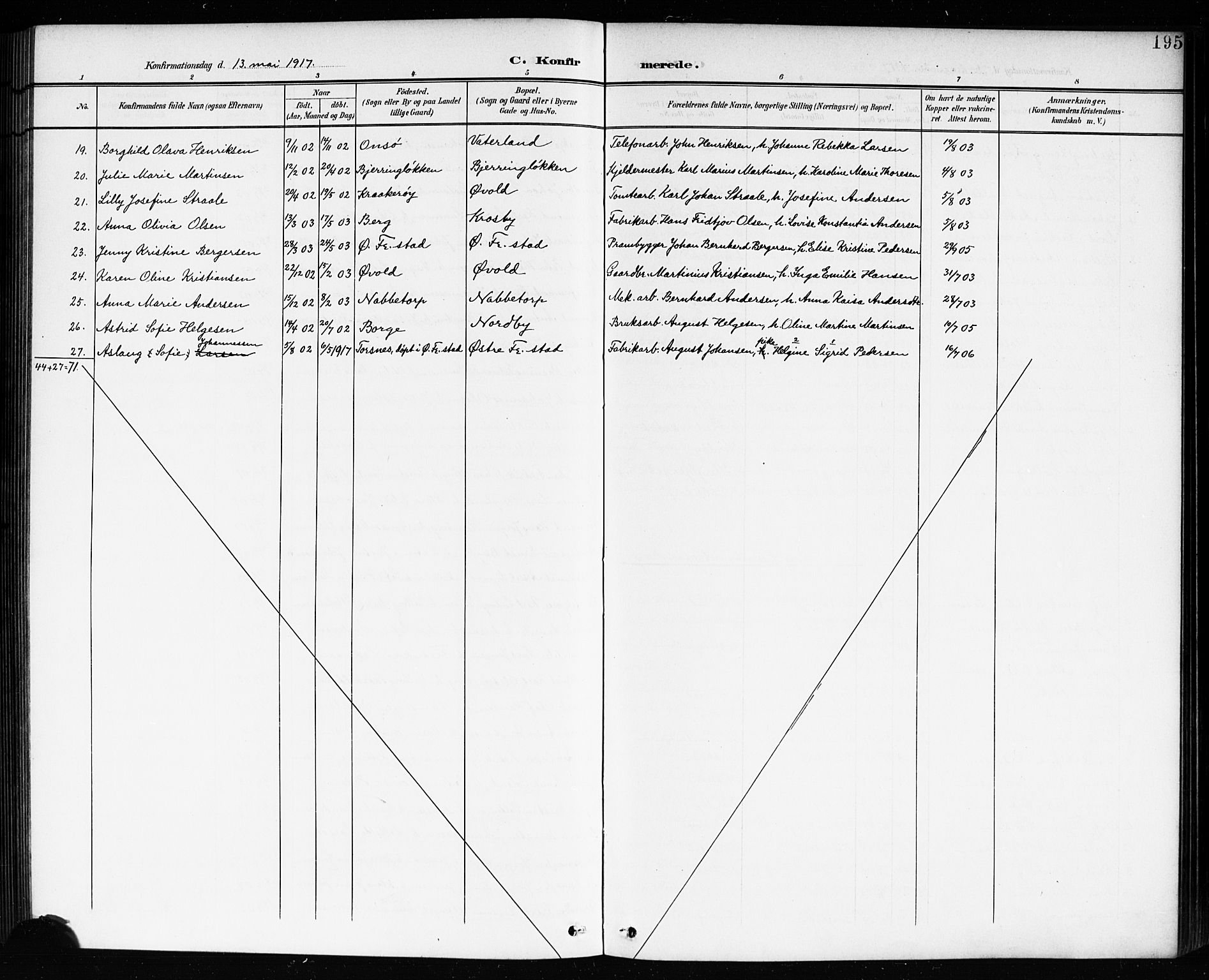 Østre Fredrikstad prestekontor Kirkebøker, AV/SAO-A-10907/G/Ga/L0002: Klokkerbok nr. 2, 1900-1919, s. 195