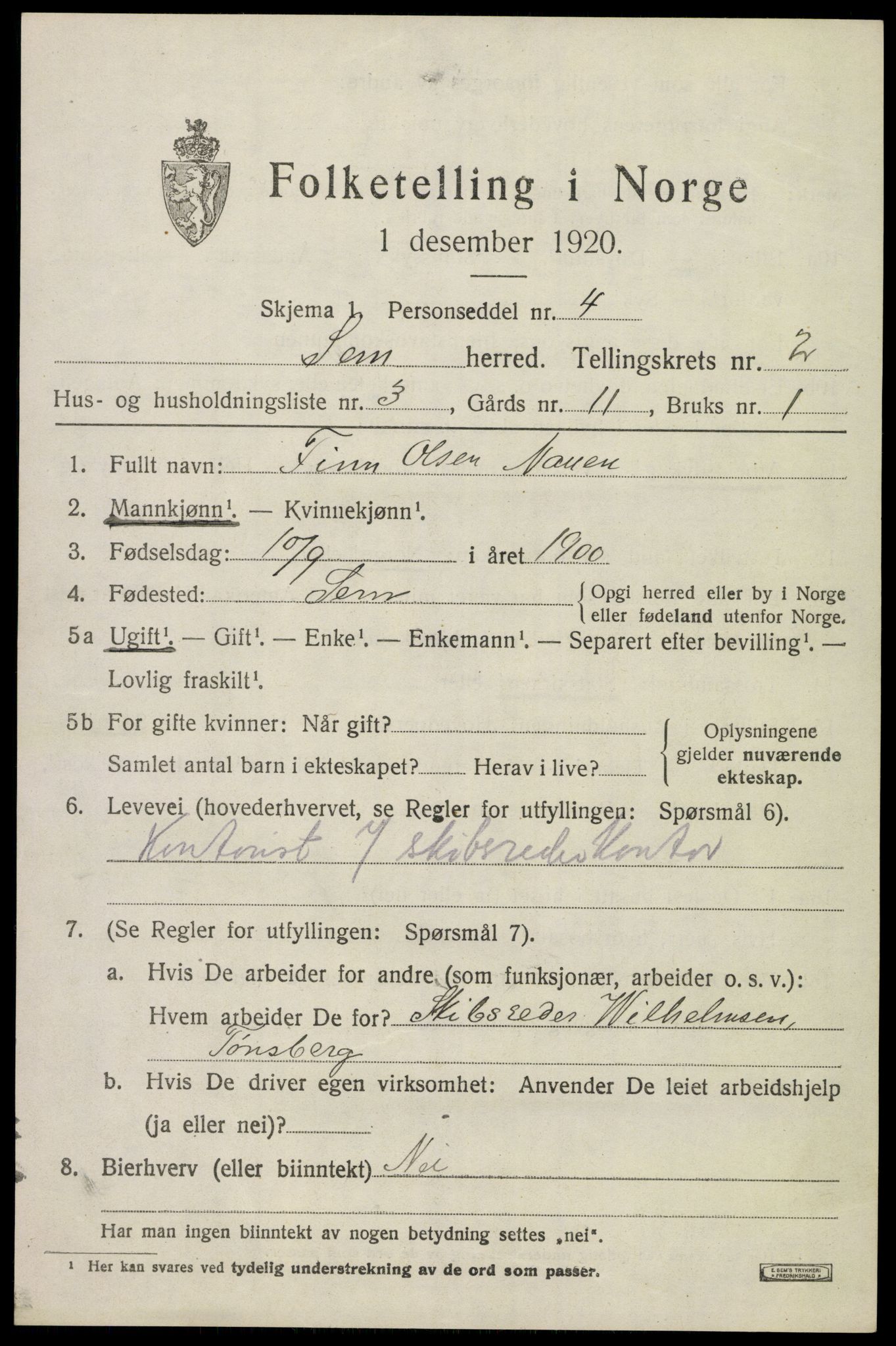 SAKO, Folketelling 1920 for 0721 Sem herred, 1920, s. 5281