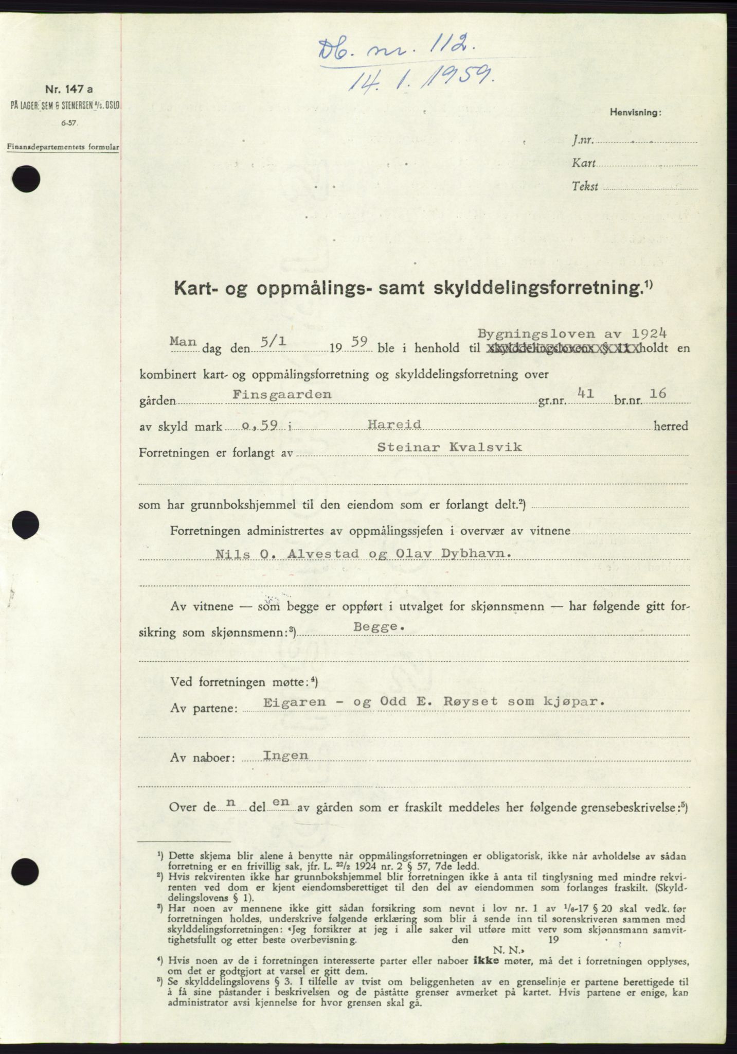 Søre Sunnmøre sorenskriveri, SAT/A-4122/1/2/2C/L0111: Pantebok nr. 37A, 1958-1959, Dagboknr: 112/1959
