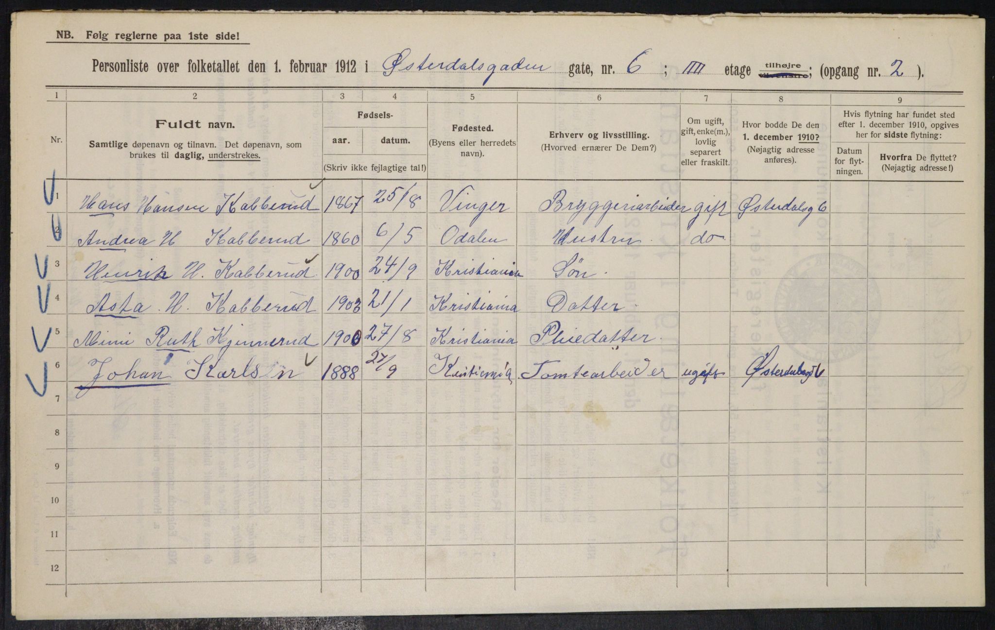 OBA, Kommunal folketelling 1.2.1912 for Kristiania, 1912, s. 129056