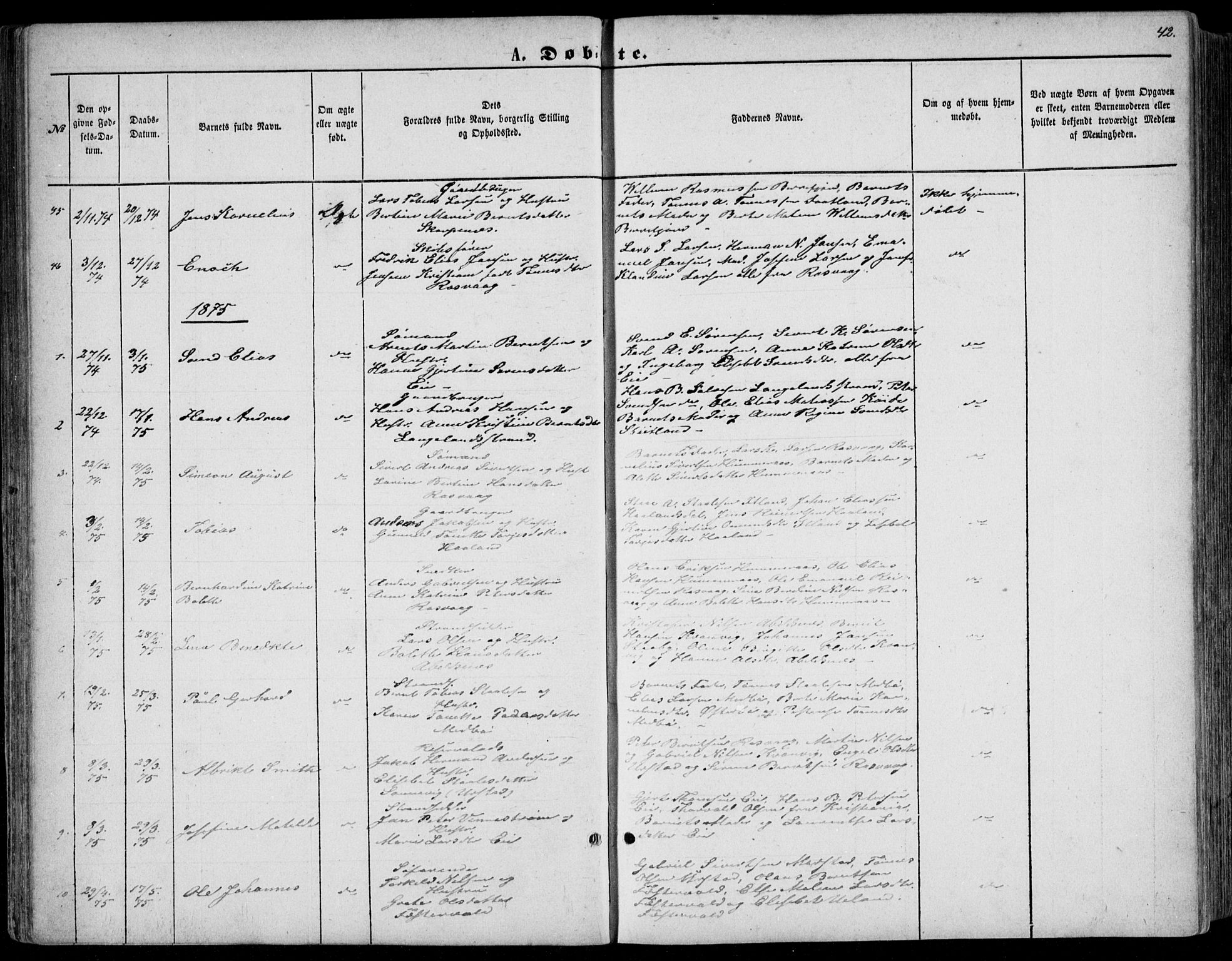 Flekkefjord sokneprestkontor, SAK/1111-0012/F/Fb/Fbb/L0003: Klokkerbok nr. B 3, 1867-1889, s. 42