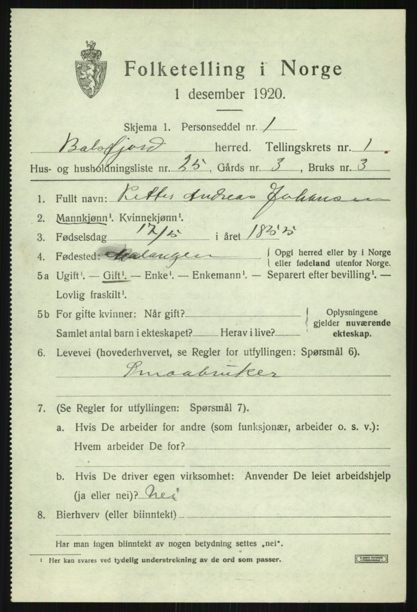 SATØ, Folketelling 1920 for 1933 Balsfjord herred, 1920, s. 1454