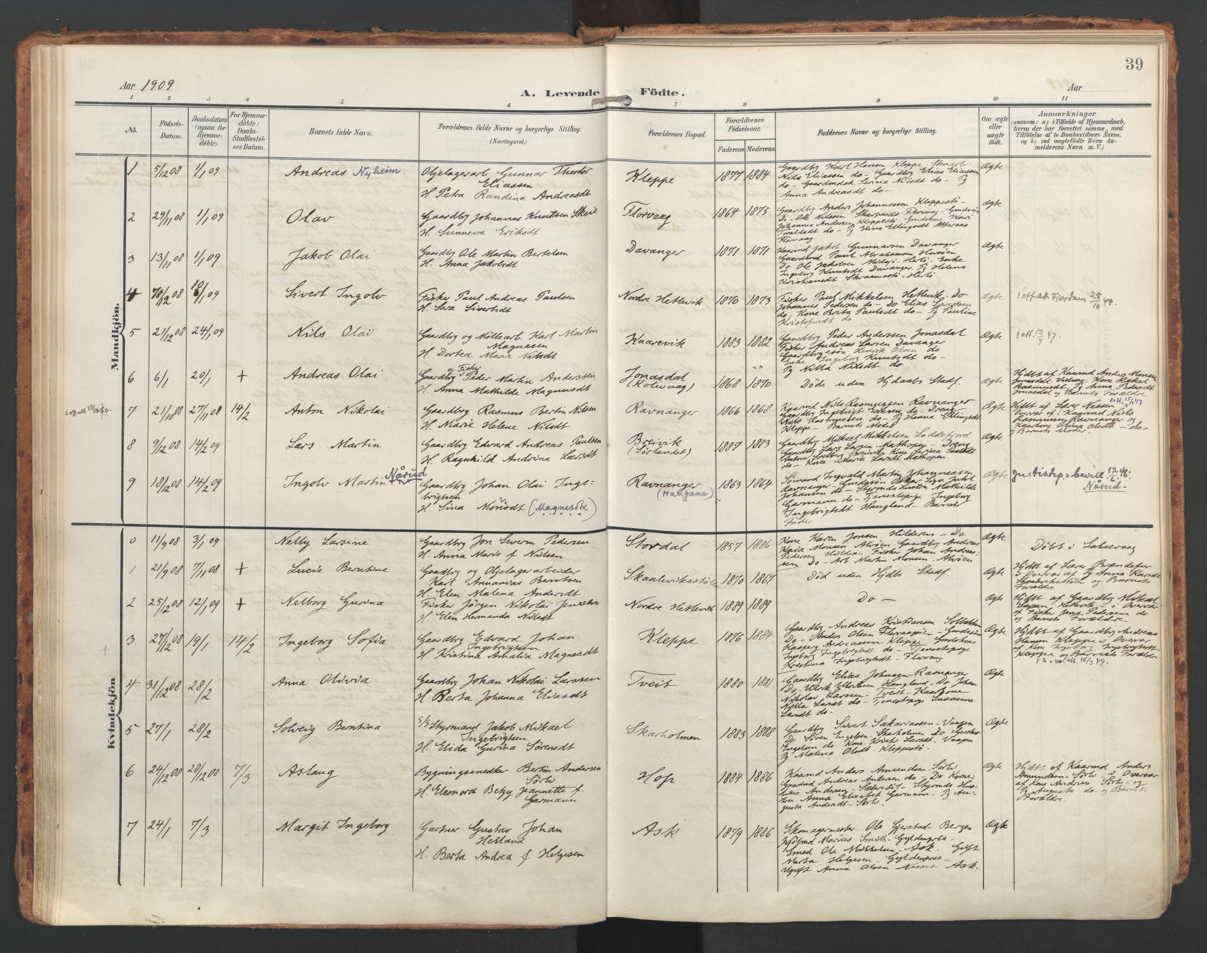 Askøy Sokneprestembete, SAB/A-74101/H/Ha/Haa/Haac/L0002: Ministerialbok nr. C 2, 1905-1922, s. 39