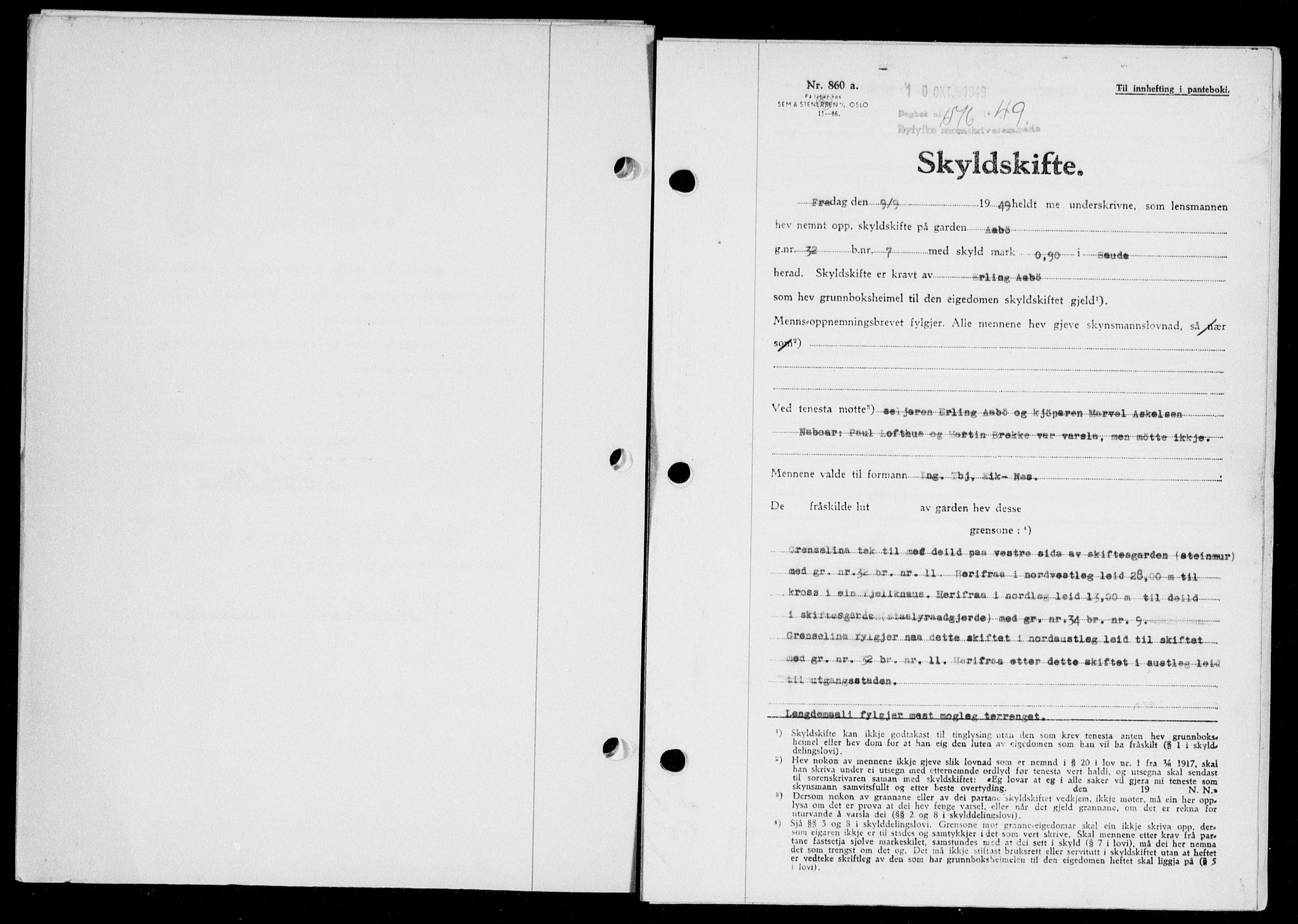 Ryfylke tingrett, SAST/A-100055/001/II/IIB/L0108: Pantebok nr. 87, 1949-1950, Dagboknr: 1516/1949