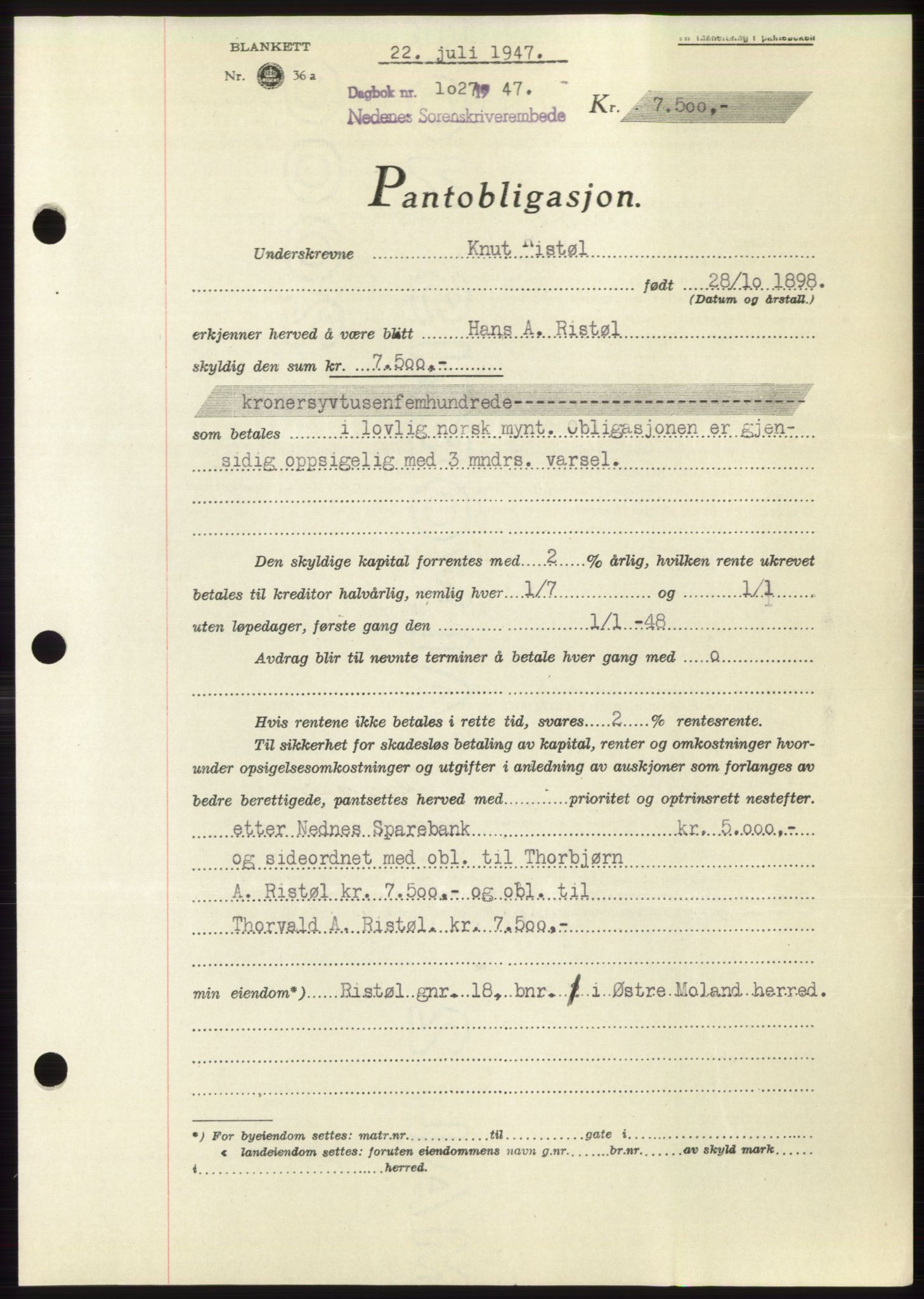 Nedenes sorenskriveri, SAK/1221-0006/G/Gb/Gbb/L0004: Pantebok nr. B4, 1947-1947, Dagboknr: 1027/1947