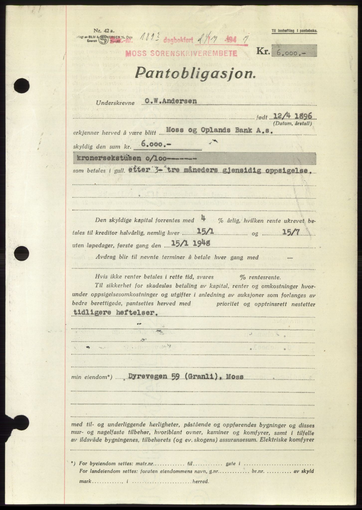 Moss sorenskriveri, SAO/A-10168: Pantebok nr. B17, 1947-1947, Dagboknr: 1893/1947
