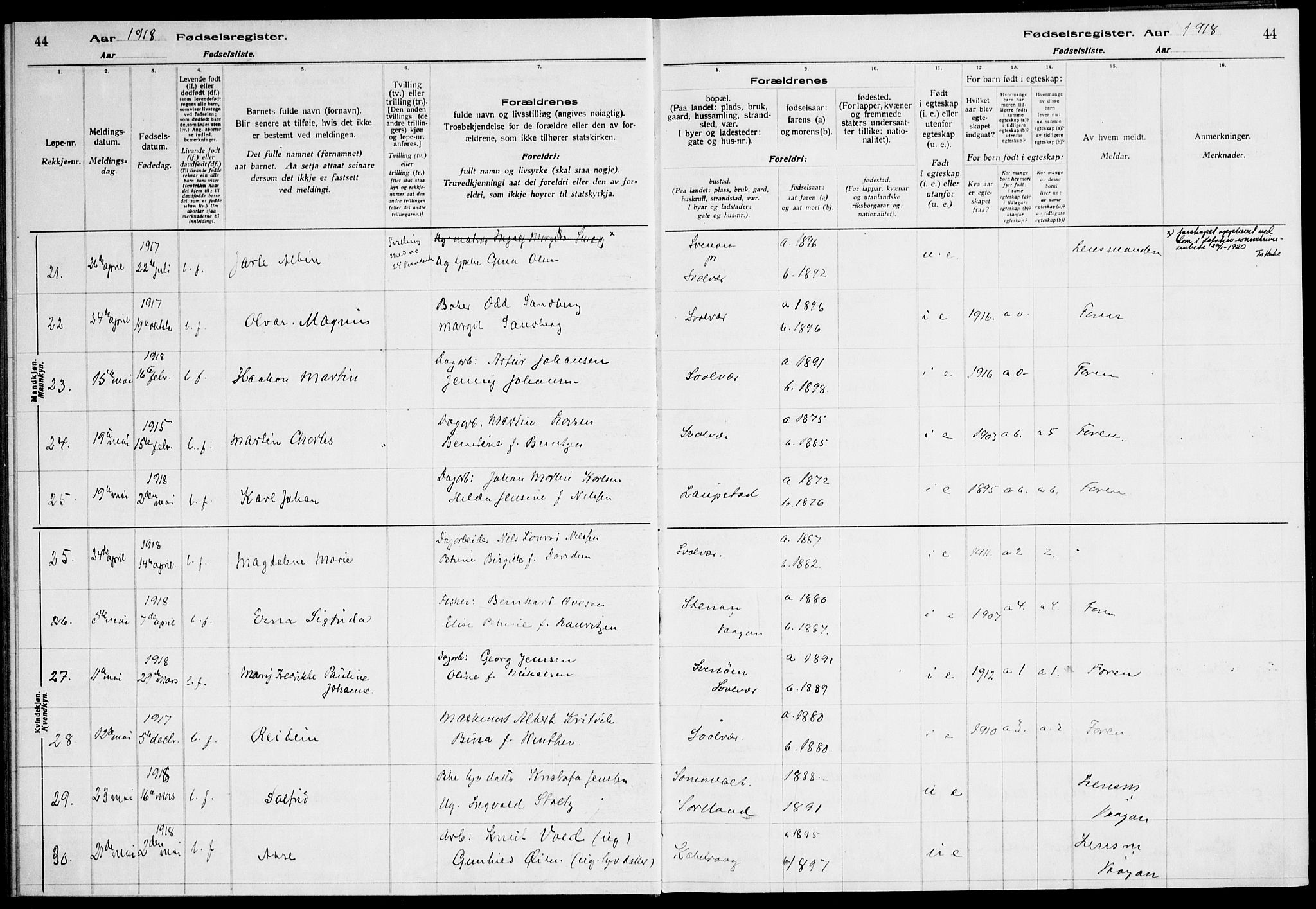 Ministerialprotokoller, klokkerbøker og fødselsregistre - Nordland, AV/SAT-A-1459/874/L1089: Fødselsregister nr. 874.II.4.1, 1916-1926, s. 44