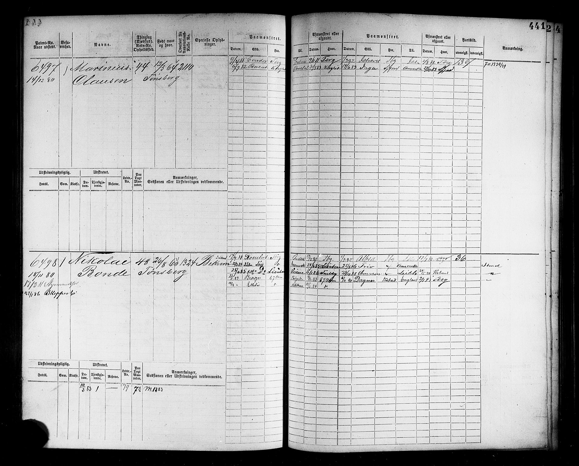 Tønsberg innrulleringskontor, AV/SAKO-A-786/F/Fc/Fcb/L0006: Hovedrulle Patent nr. 5617-6760, 1876-1882, s. 443