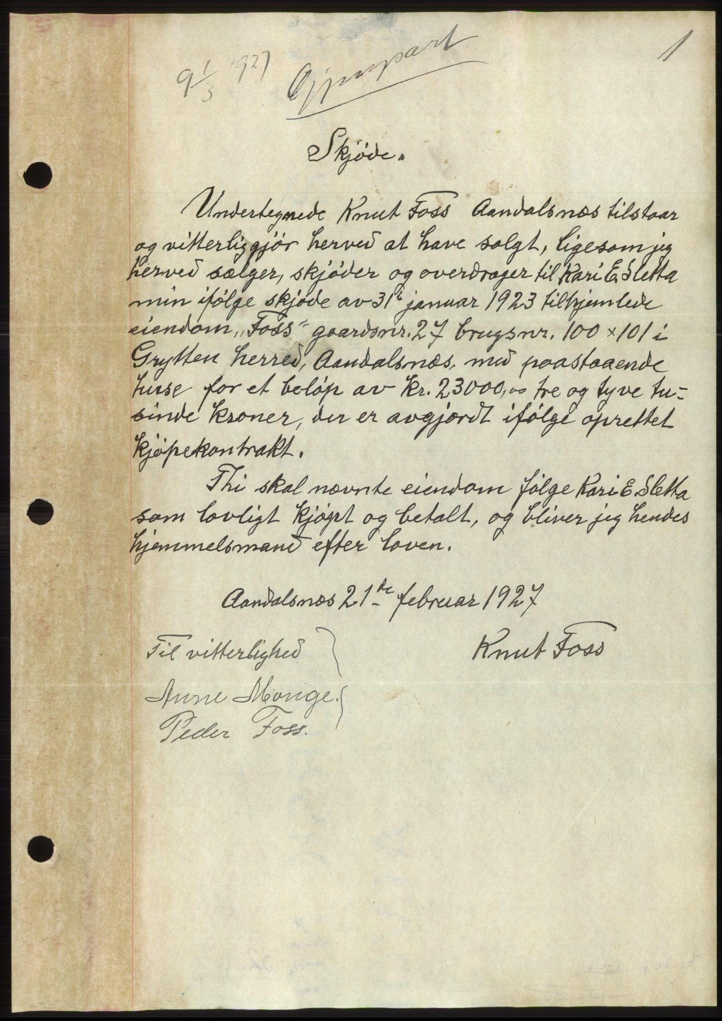 Romsdal sorenskriveri, SAT/A-4149/1/2/2C/L0052: Pantebok nr. 46, 1927-1927, Tingl.dato: 01.03.1927