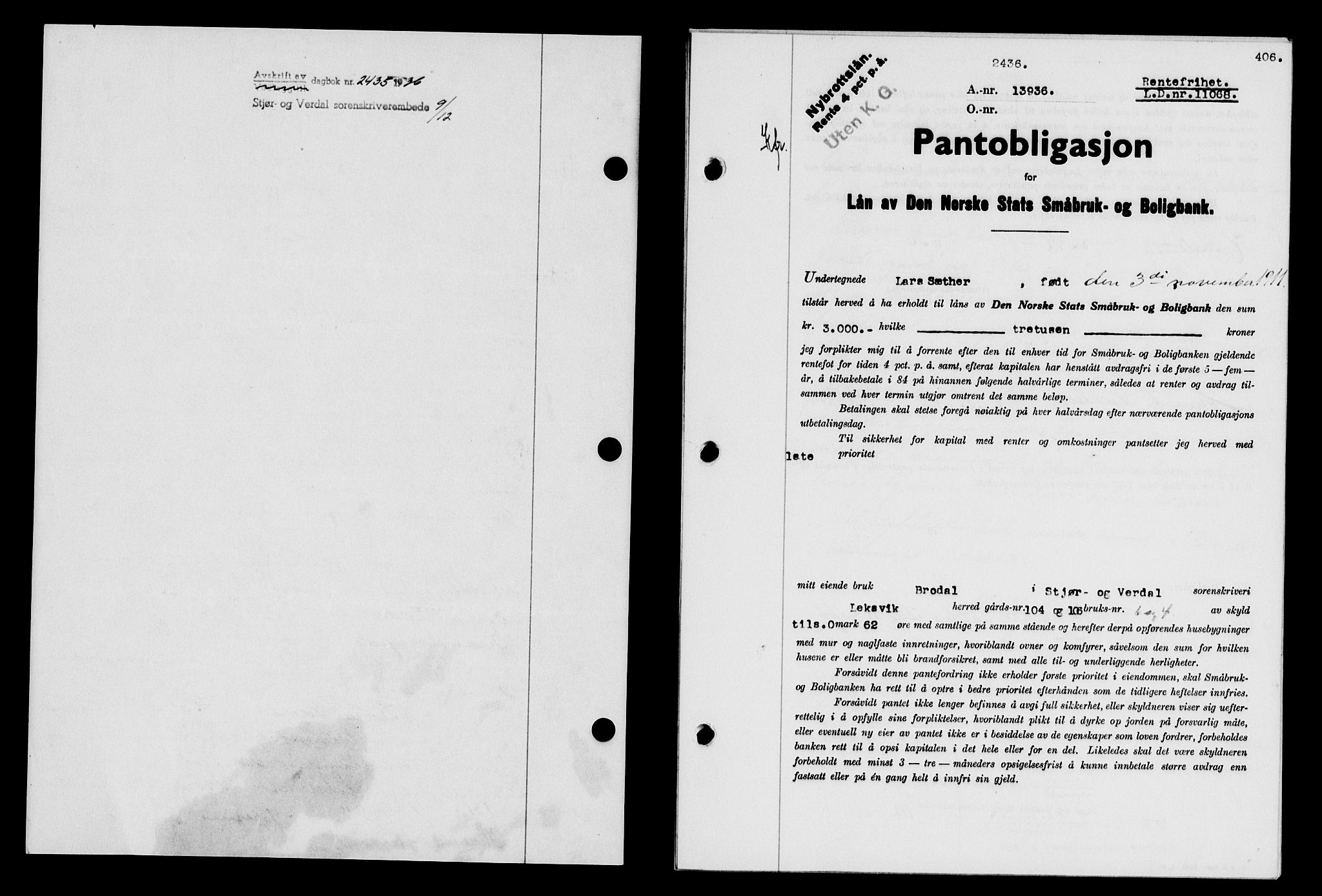 Stjør- og Verdal sorenskriveri, SAT/A-4167/1/2/2C/L0078: Pantebok nr. 46, 1936-1937, Dagboknr: 2436/1936