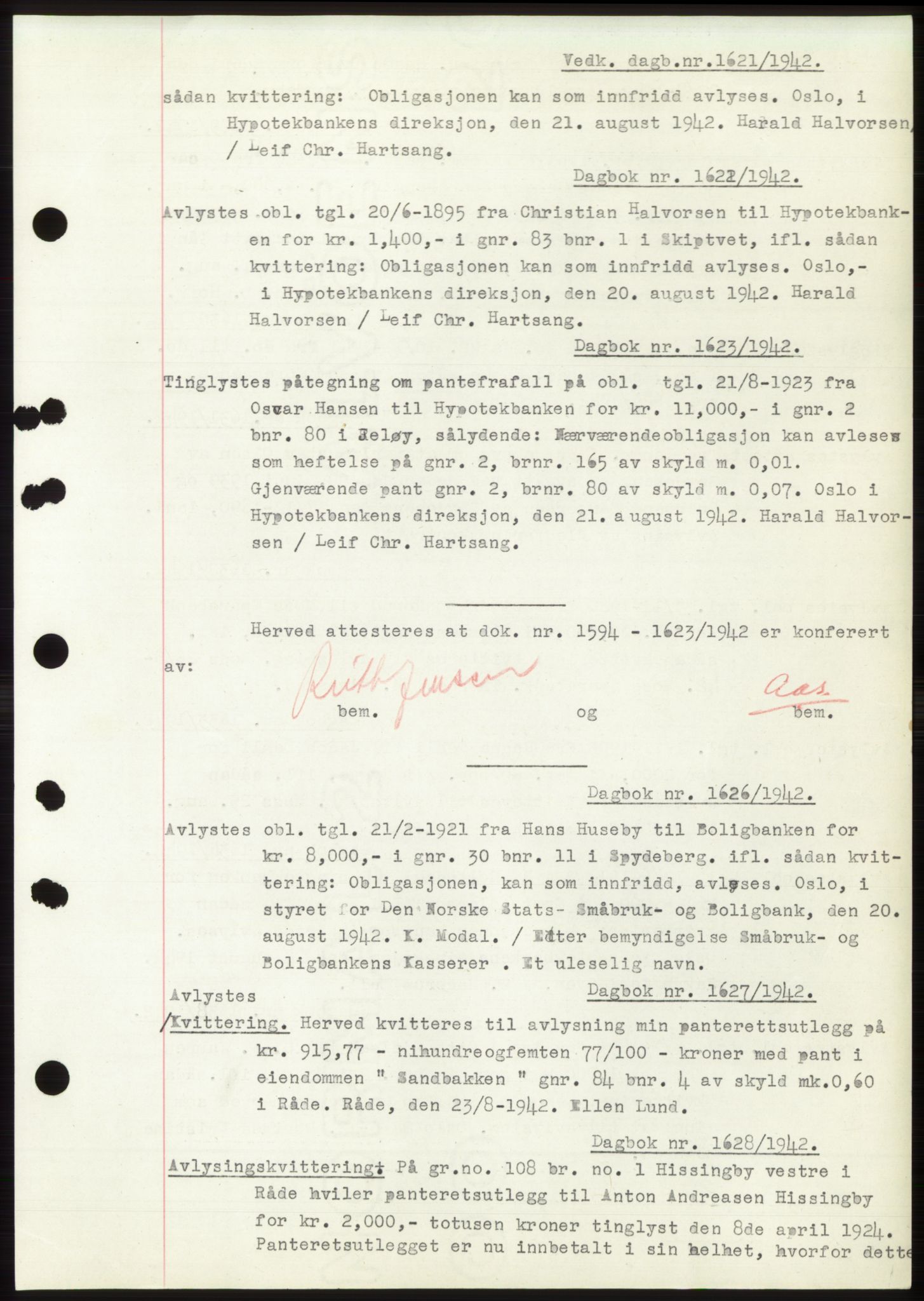 Moss sorenskriveri, SAO/A-10168: Pantebok nr. C10, 1938-1950, Dagboknr: 1621/1942