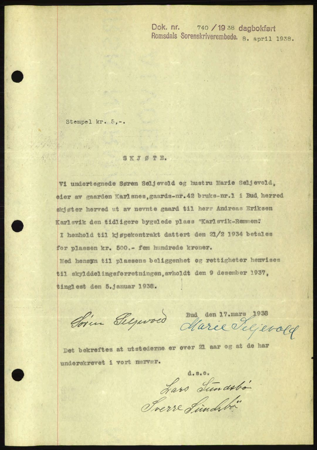 Romsdal sorenskriveri, SAT/A-4149/1/2/2C: Pantebok nr. A4, 1937-1938, Dagboknr: 740/1938