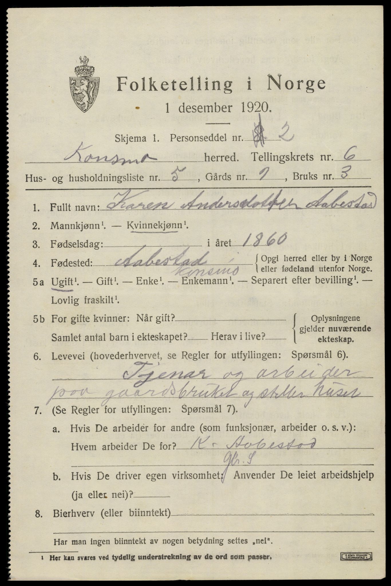 SAK, Folketelling 1920 for 1027 Konsmo herred, 1920, s. 1416