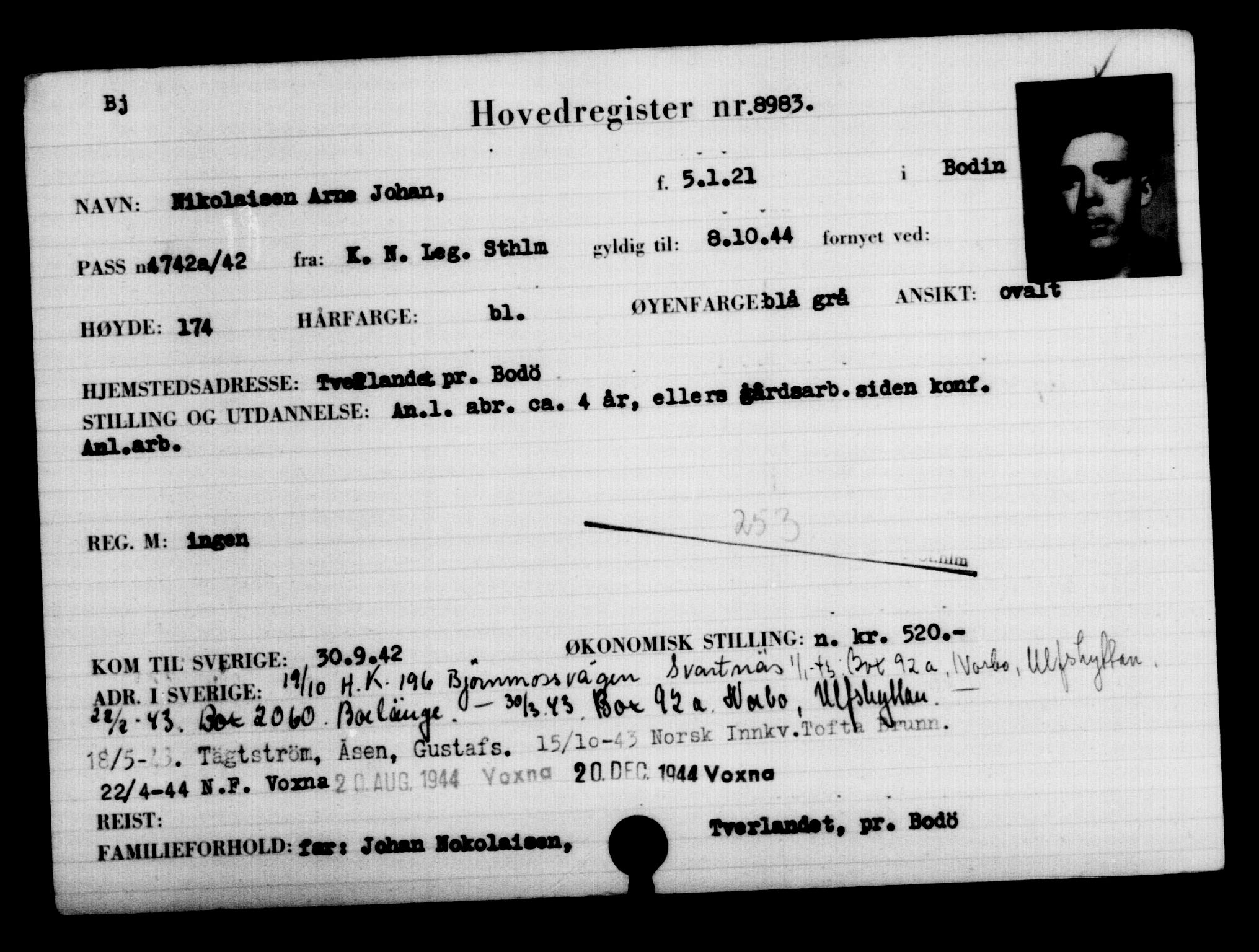 Utenriksstasjonene, Legasjonen i Stockholm, Flyktningkontoret, AV/RA-S-6753/V/Va/L0005: Kjesäterkartoteket, flyktninger med registreringsnr. 6600-9417, 1940-1945, s. 2799
