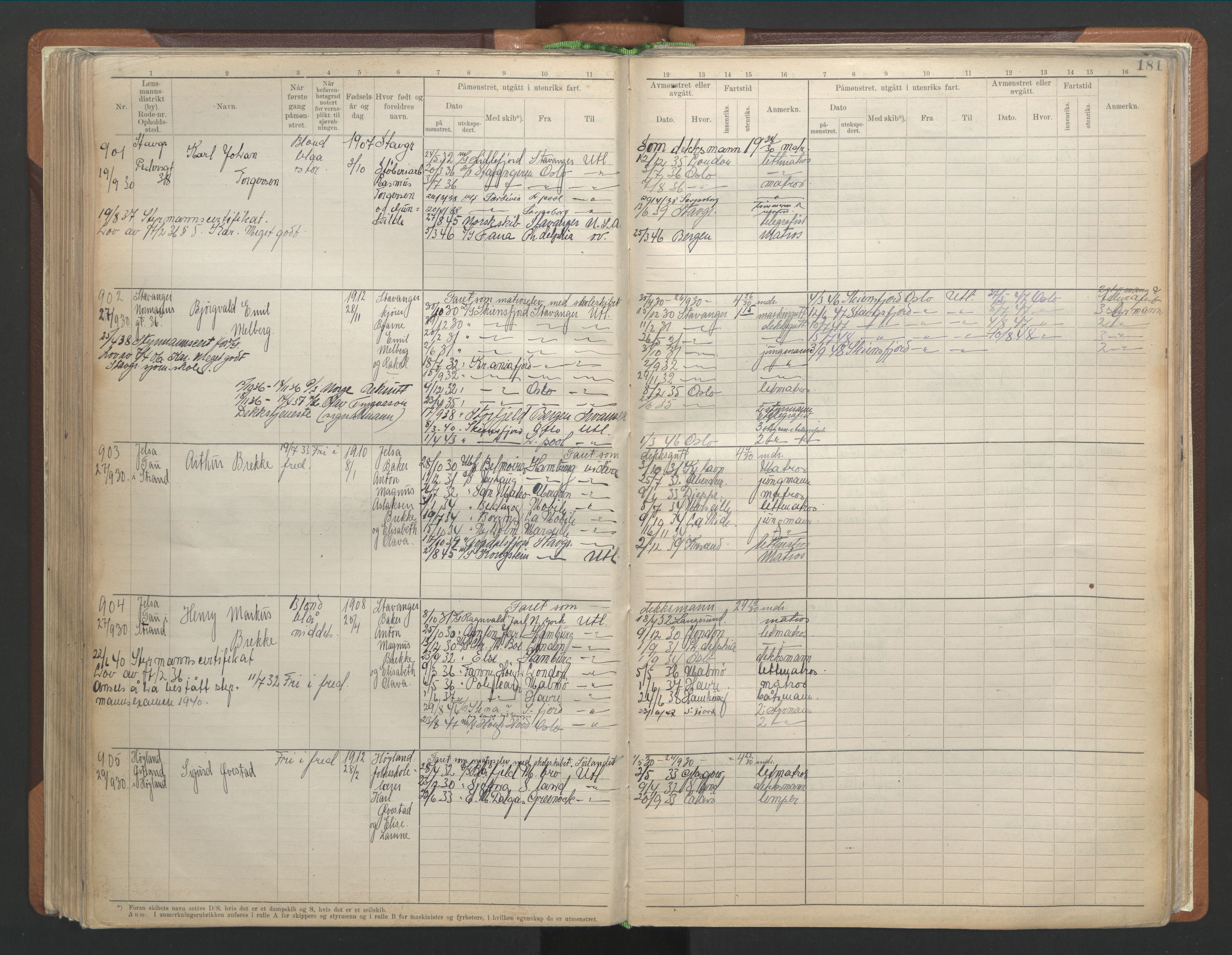 Stavanger sjømannskontor, AV/SAST-A-102006/F/Fb/Fbb/L0013: Sjøfartshovedrulle A, patentnr. 1-1495 (del 1), 1921-1933, s. 187
