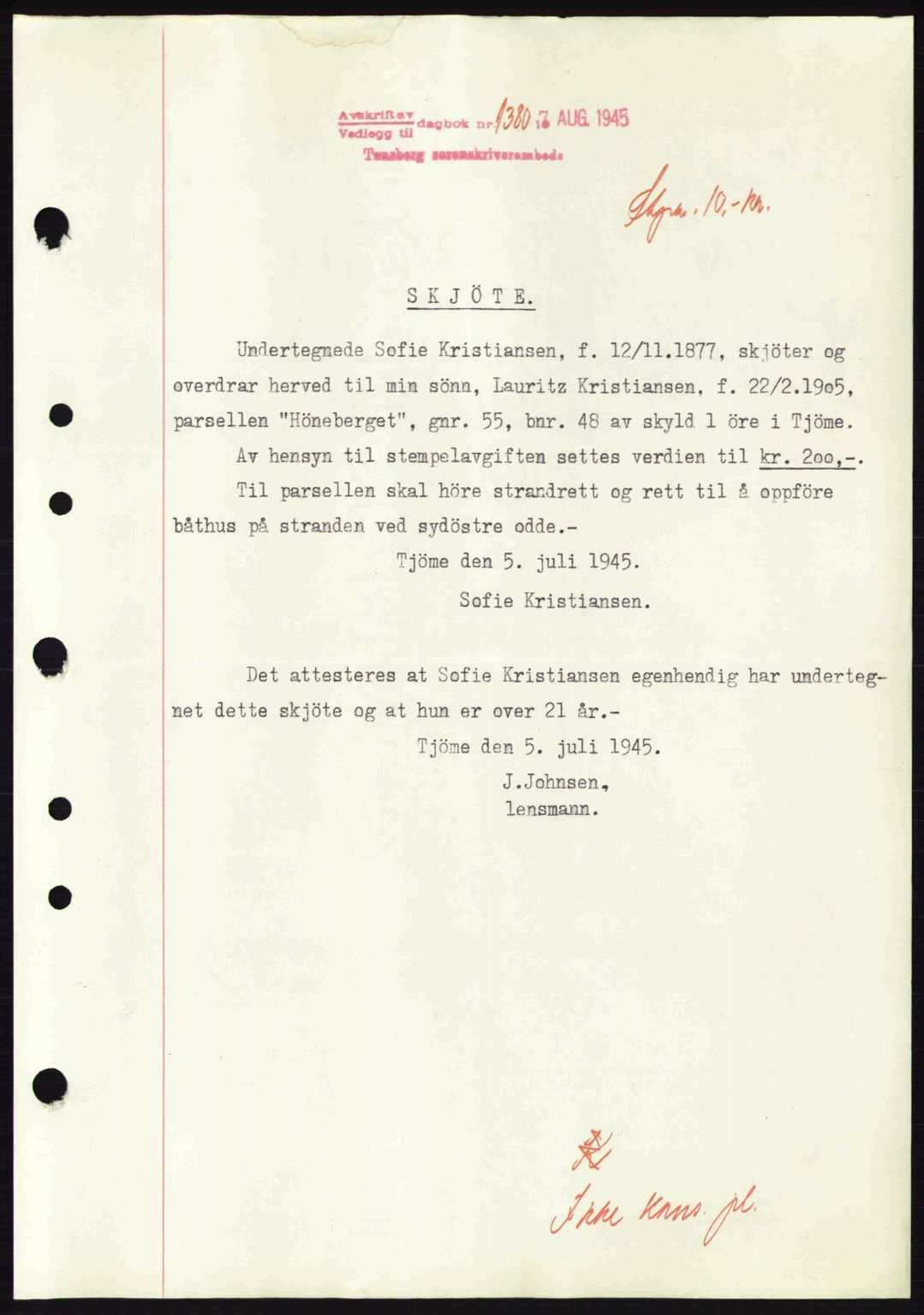 Tønsberg sorenskriveri, AV/SAKO-A-130/G/Ga/Gaa/L0017a: Pantebok nr. A17a, 1945-1945, Dagboknr: 1380/1945