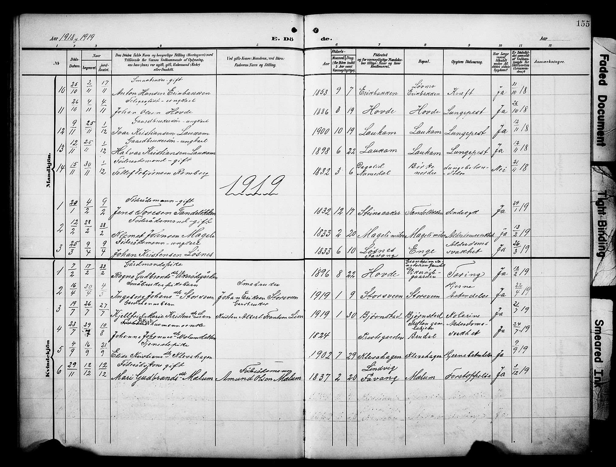 Øyer prestekontor, AV/SAH-PREST-084/H/Ha/Hab/L0006: Klokkerbok nr. 6, 1906-1929, s. 155