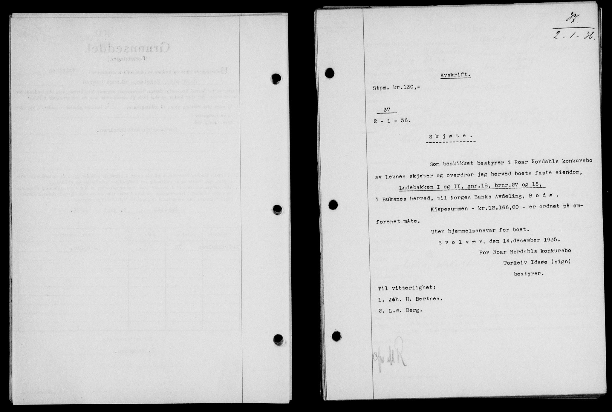 Lofoten sorenskriveri, SAT/A-0017/1/2/2C/L0033b: Pantebok nr. 33b, 1936-1936, Dagboknr: 37/1936
