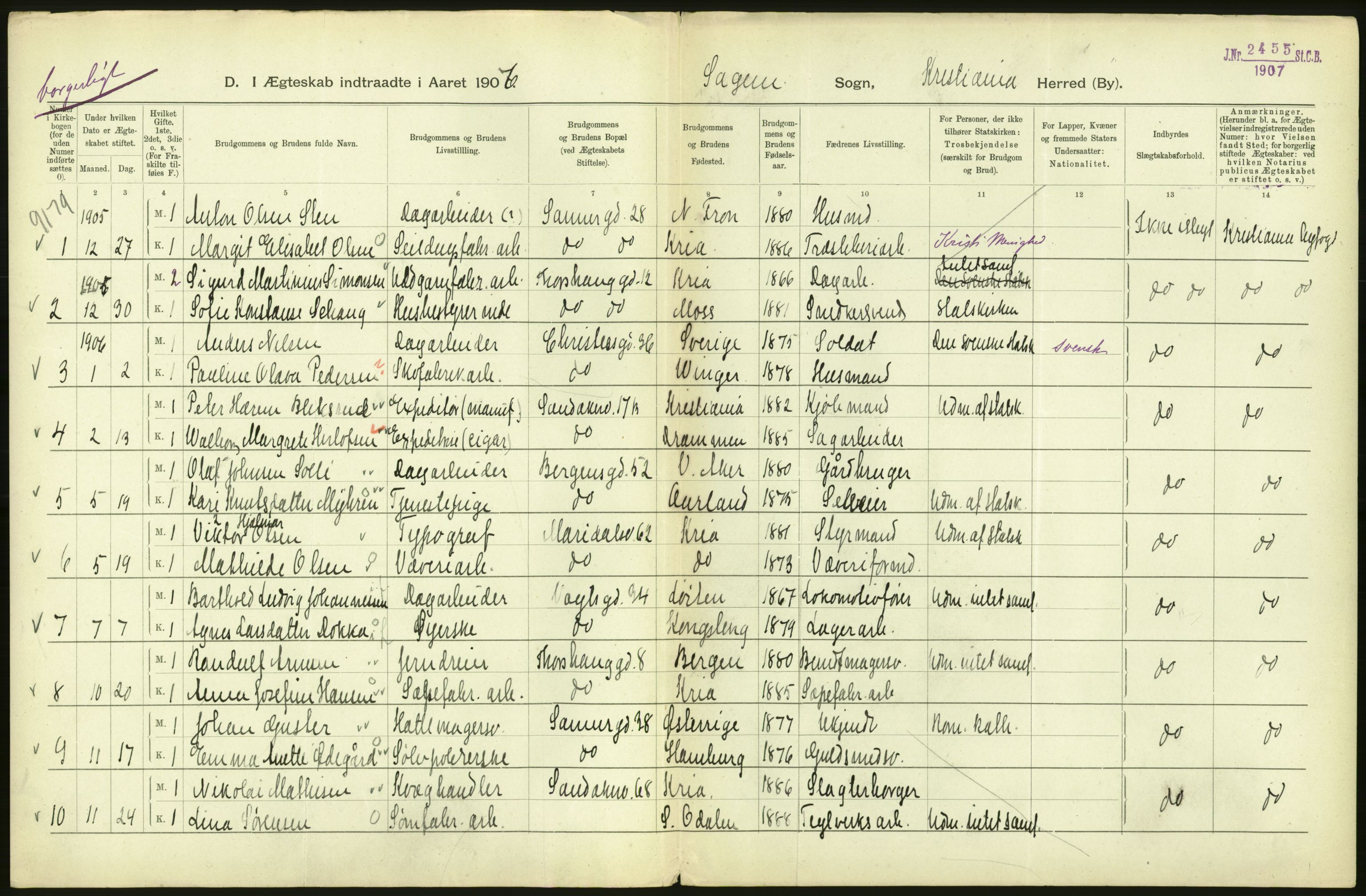 Statistisk sentralbyrå, Sosiodemografiske emner, Befolkning, AV/RA-S-2228/D/Df/Dfa/Dfad/L0008: Kristiania: Gifte, 1906, s. 428