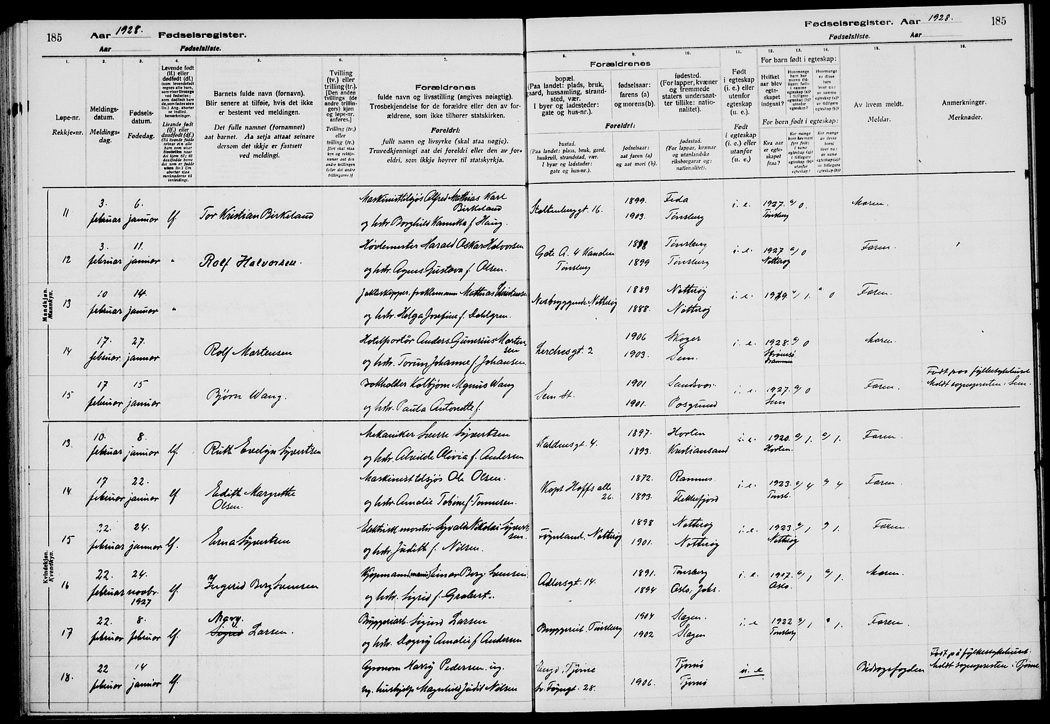 Tønsberg kirkebøker, AV/SAKO-A-330/J/Ja/L0002: Fødselsregister nr. 2, 1922-1928, s. 185