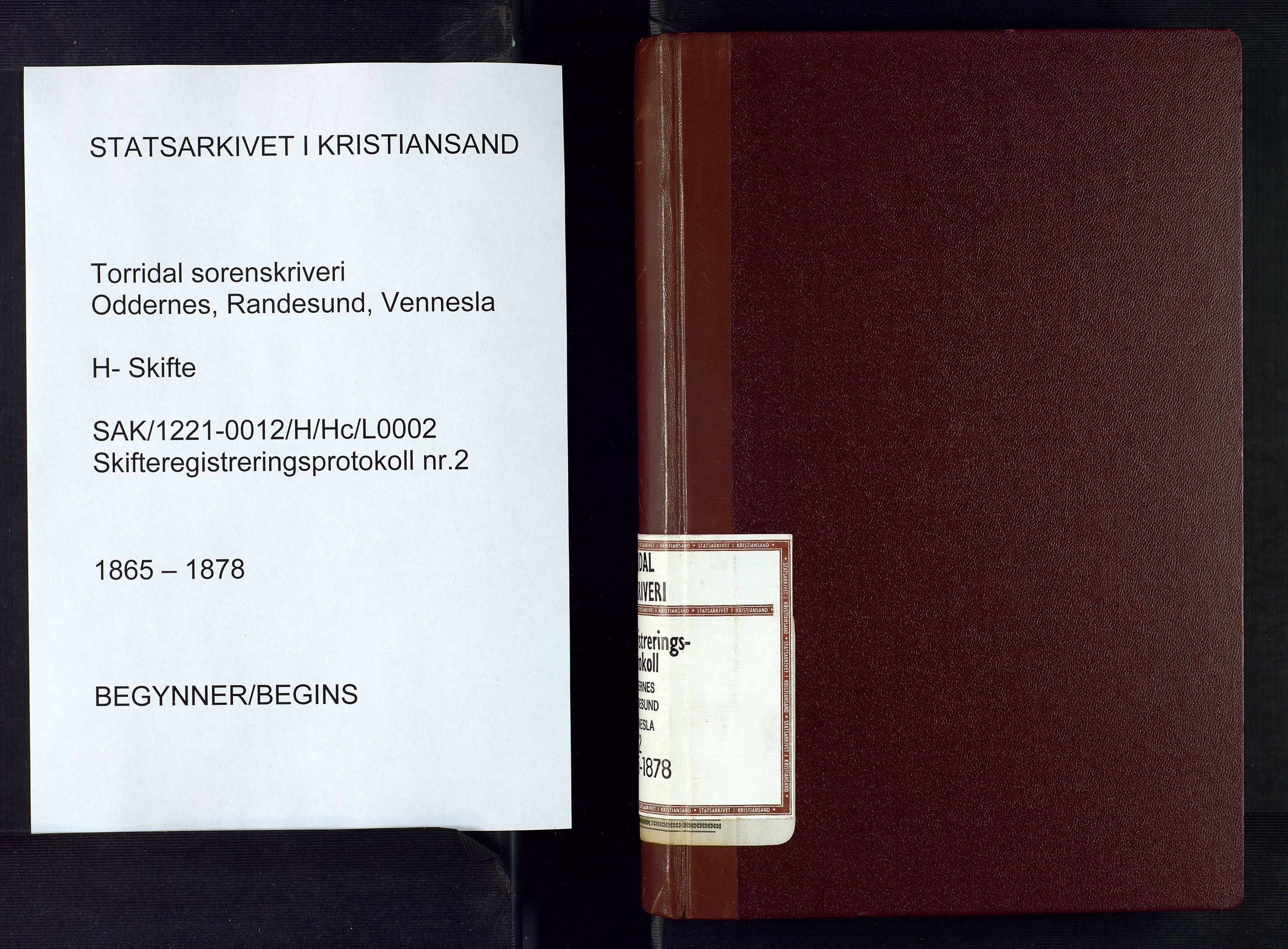 Torridal sorenskriveri, AV/SAK-1221-0012/H/Hc/L0002: Skifteregistreringsprotokoll Oddernes, Randesund, Vennesla nr. 2, 1865-1878