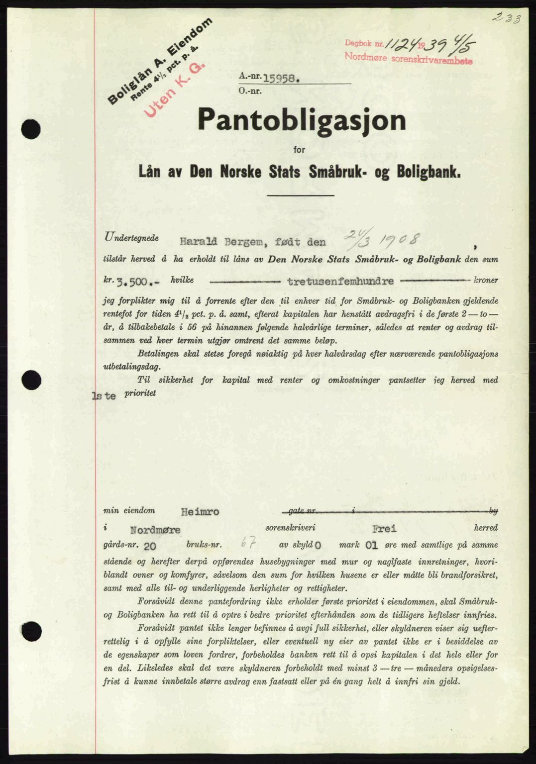 Nordmøre sorenskriveri, AV/SAT-A-4132/1/2/2Ca: Pantebok nr. B85, 1939-1939, Dagboknr: 1124/1939