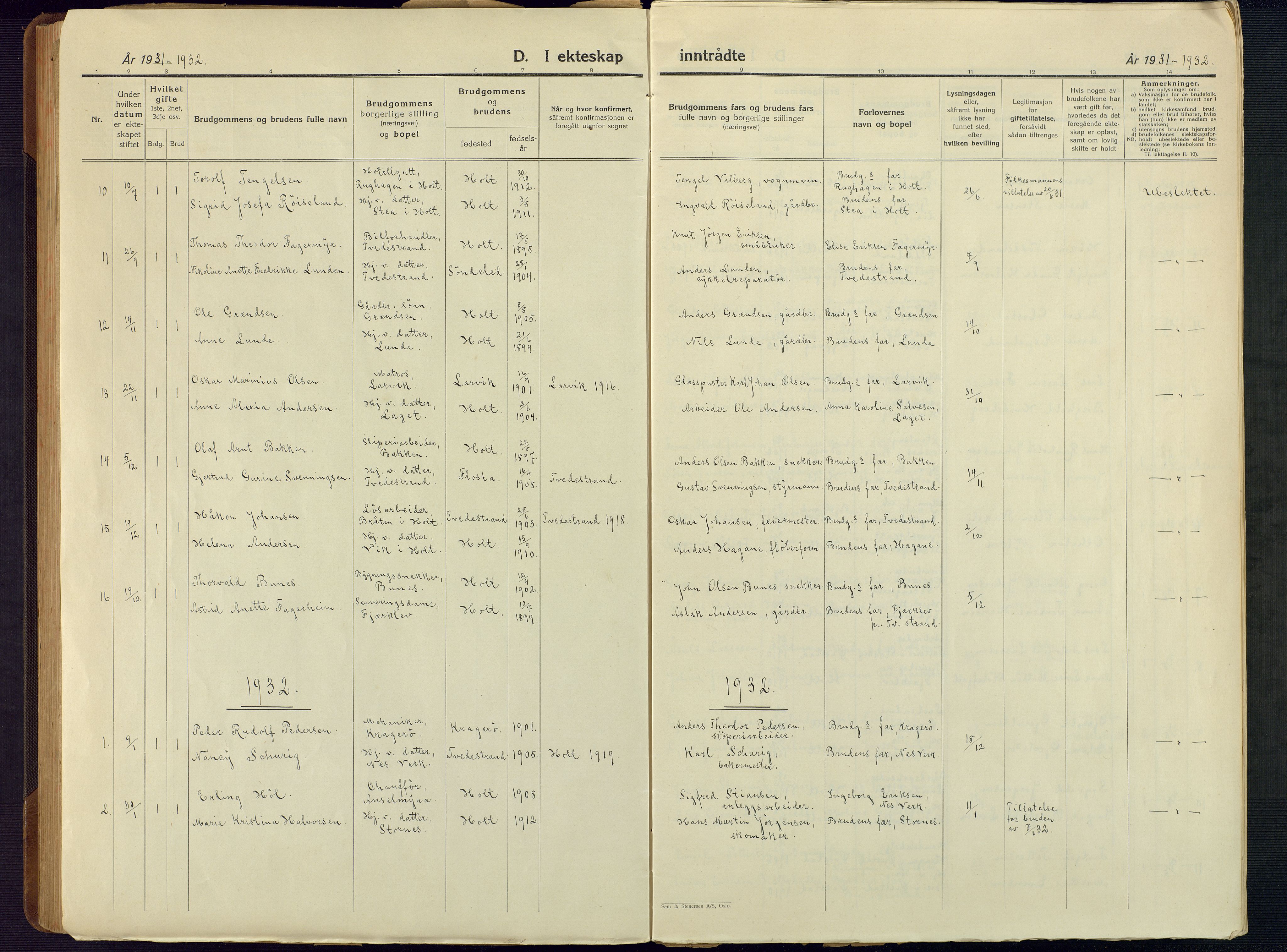 Holt sokneprestkontor, AV/SAK-1111-0021/F/Fb/L0012: Klokkerbok nr. B 12, 1919-1944