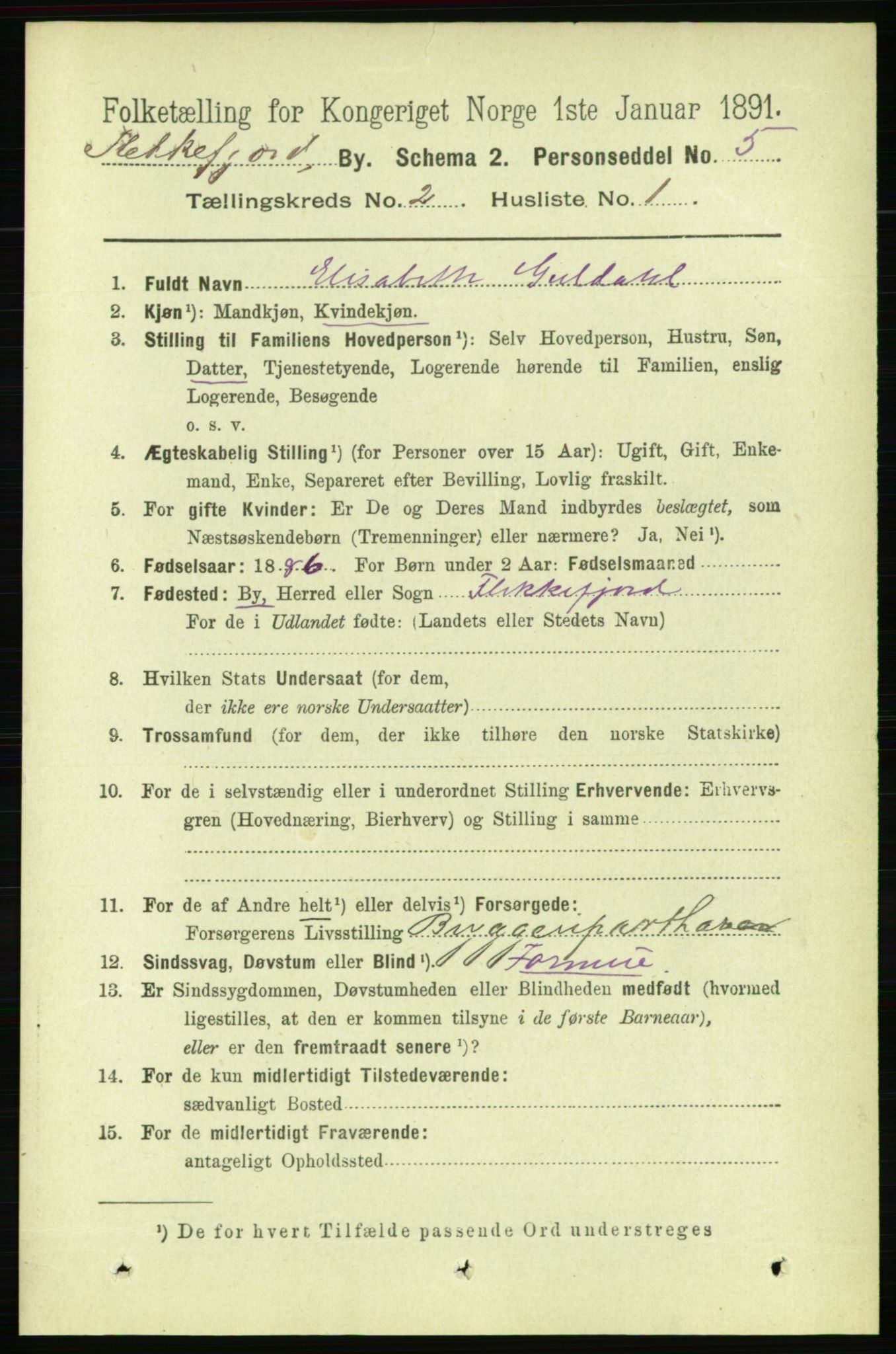 RA, Folketelling 1891 for 1004 Flekkefjord kjøpstad, 1891, s. 837