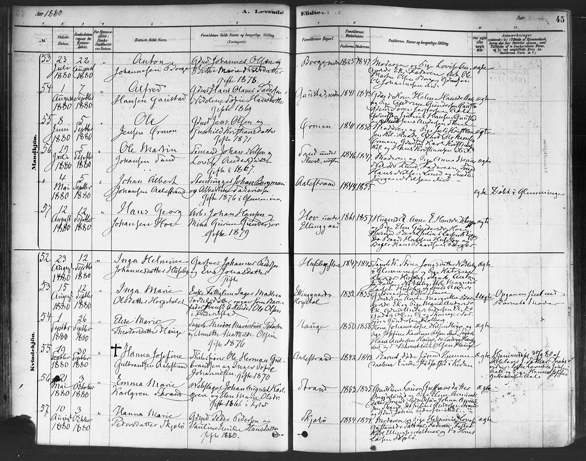 Onsøy prestekontor Kirkebøker, AV/SAO-A-10914/F/Fa/L0005: Ministerialbok nr. I 5, 1878-1898, s. 45