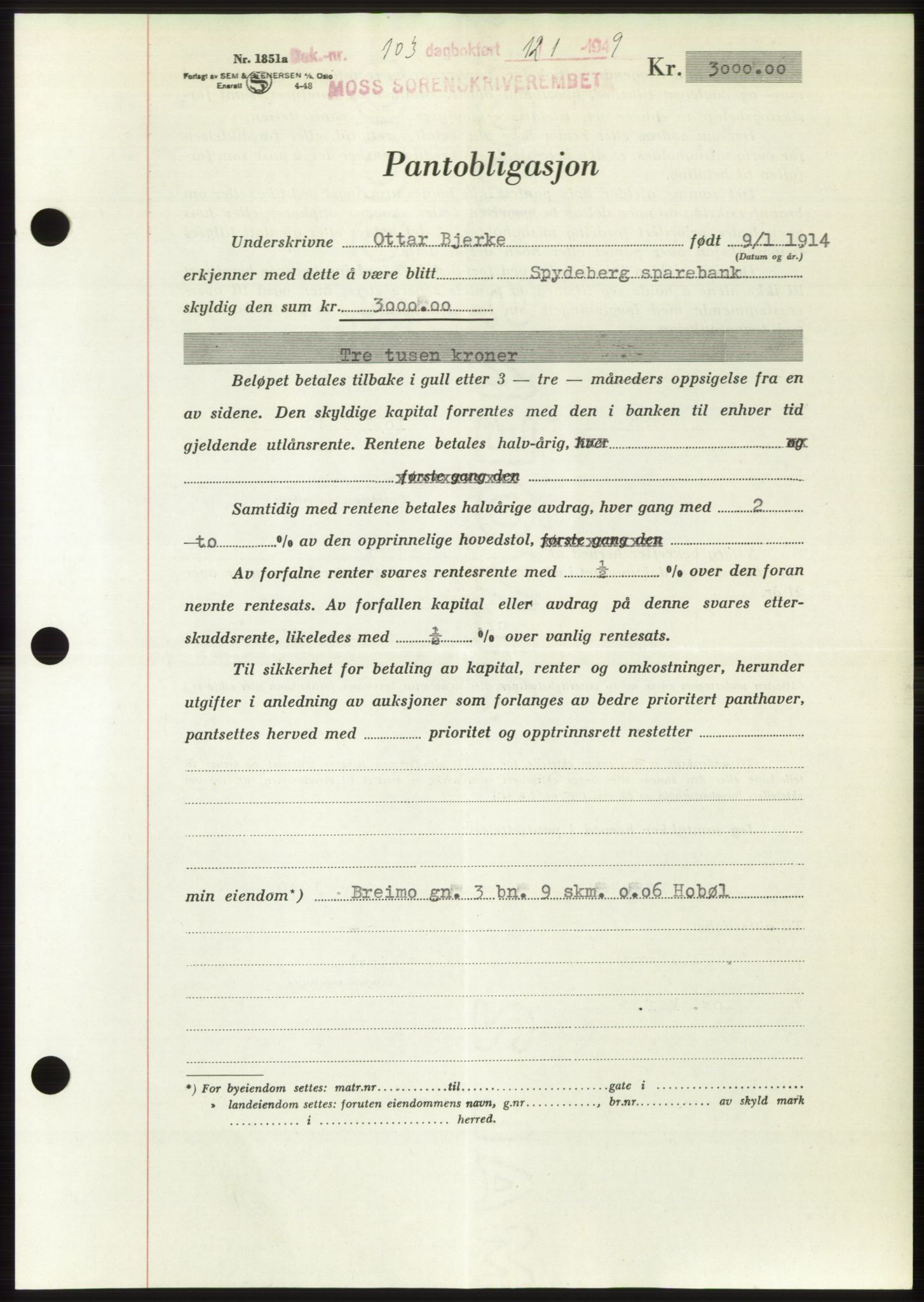 Moss sorenskriveri, SAO/A-10168: Pantebok nr. B21, 1949-1949, Dagboknr: 103/1949