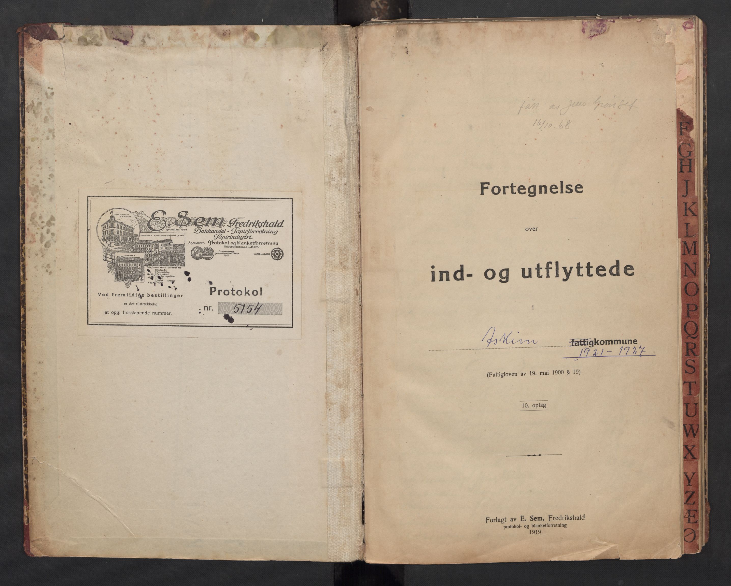 Askim folkeregister, SAO/A-10477/J/L0002: Flytteprotokoll, 1921-1927