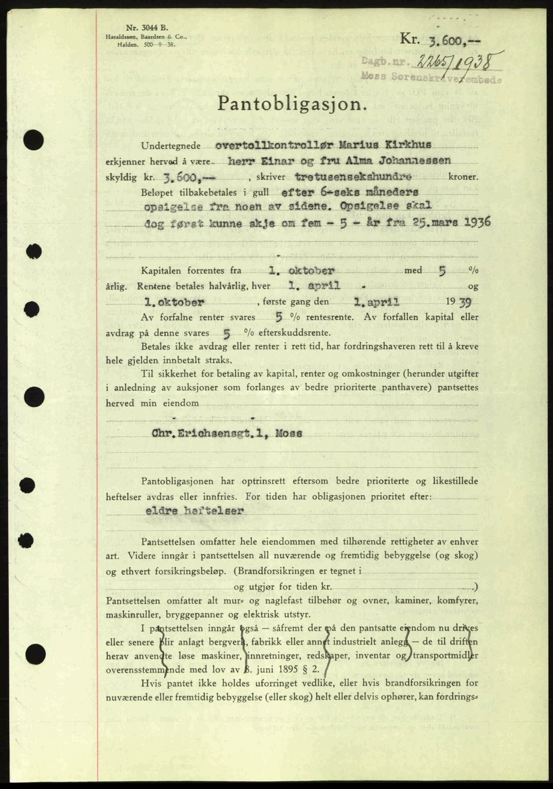 Moss sorenskriveri, SAO/A-10168: Pantebok nr. B6, 1938-1938, Dagboknr: 2265/1938