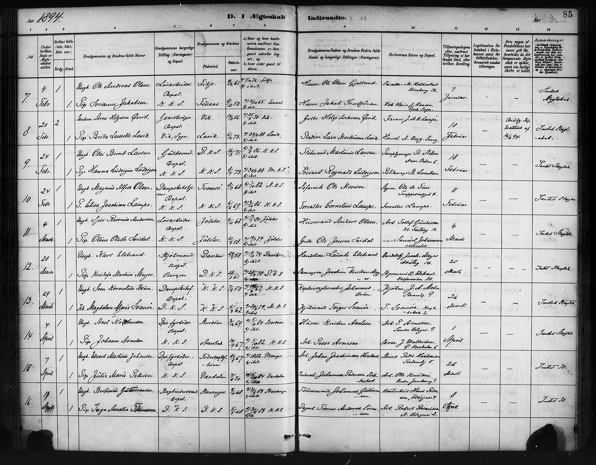 Korskirken sokneprestembete, AV/SAB-A-76101/H/Haa/L0037: Ministerialbok nr. D 4, 1883-1904, s. 85