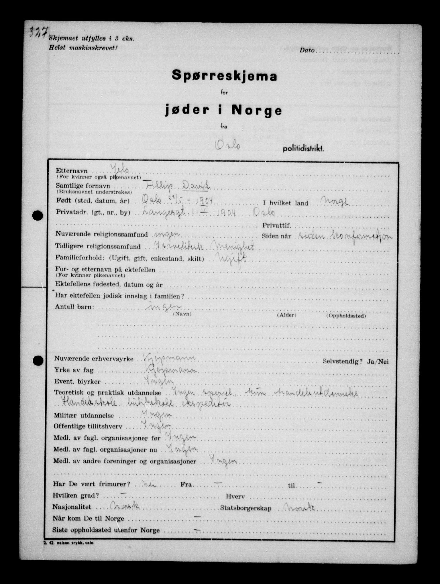 Statspolitiet - Hovedkontoret / Osloavdelingen, AV/RA-S-1329/G/Ga/L0010: Spørreskjema for jøder i Norge, Oslo Hansen-Pintzow, 1942, s. 197