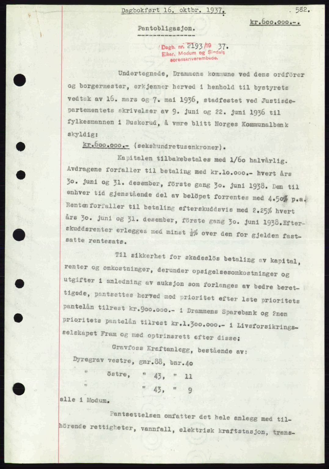 Eiker, Modum og Sigdal sorenskriveri, SAKO/A-123/G/Ga/Gab/L0036: Pantebok nr. A6, 1937-1937, Dagboknr: 2193/1937