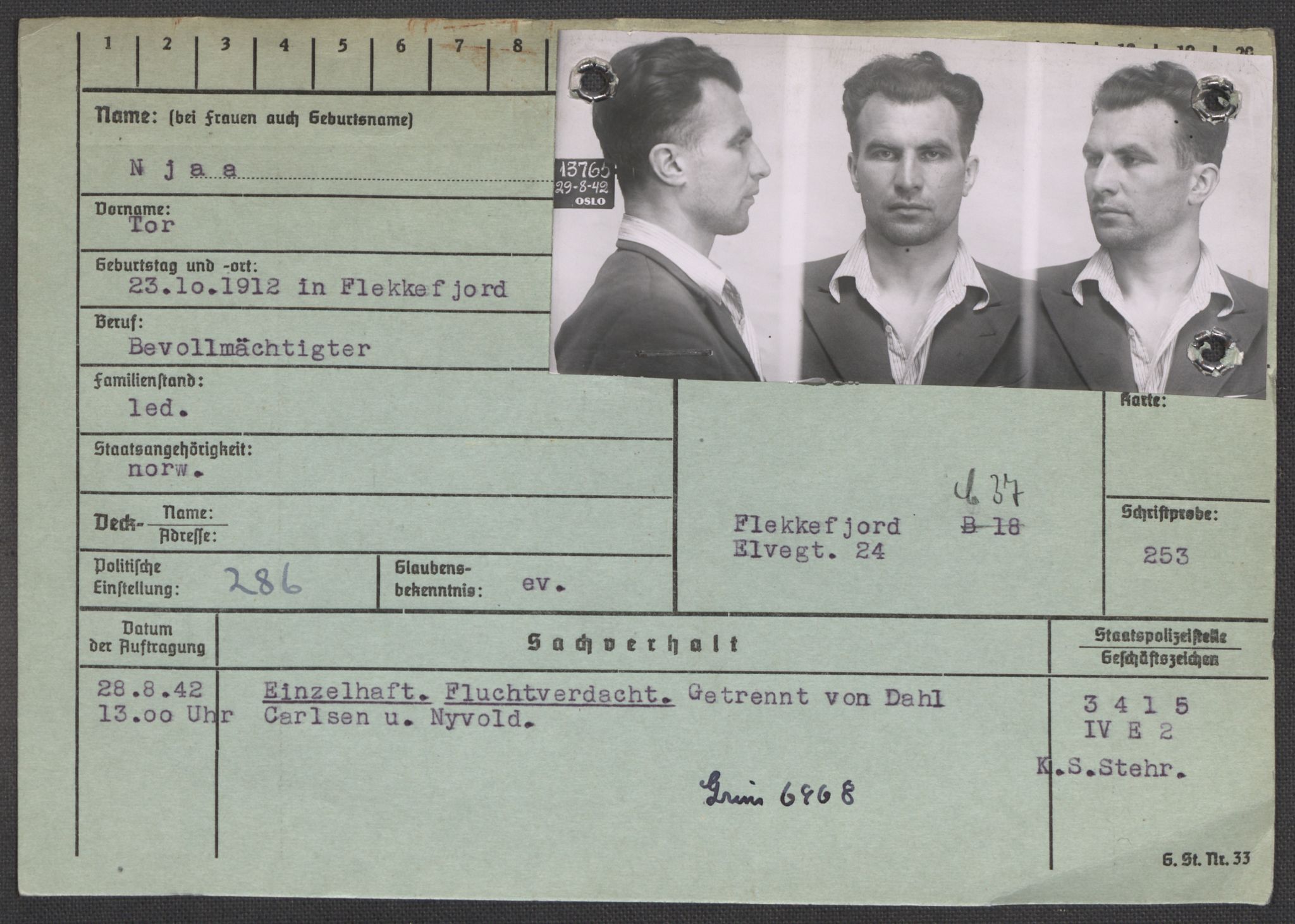 Befehlshaber der Sicherheitspolizei und des SD, AV/RA-RAFA-5969/E/Ea/Eaa/L0007: Register over norske fanger i Møllergata 19: Lundb-N, 1940-1945, s. 1330