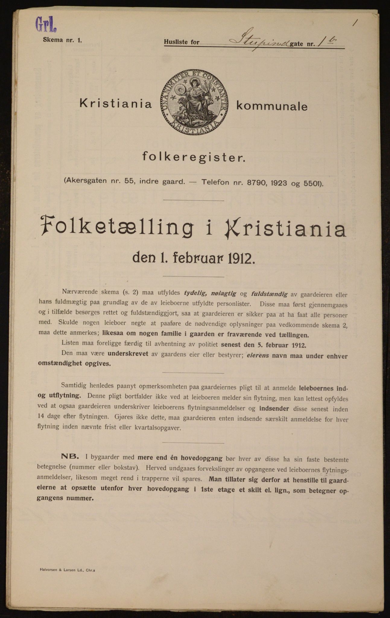 OBA, Kommunal folketelling 1.2.1912 for Kristiania, 1912, s. 104536